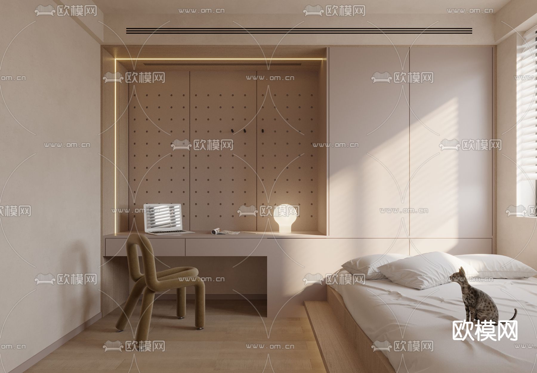 奶油风卧室 榻榻米次卧3d模型下载