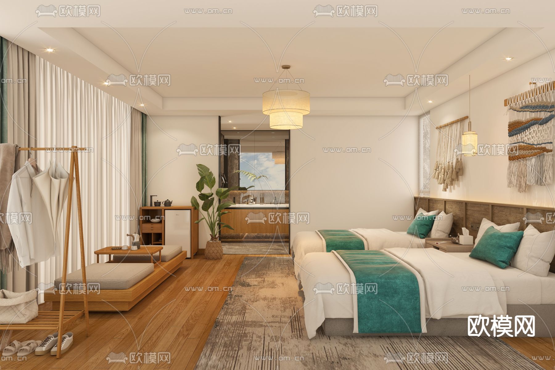 自然风客房 双人房3d模型下载（渲染图1）