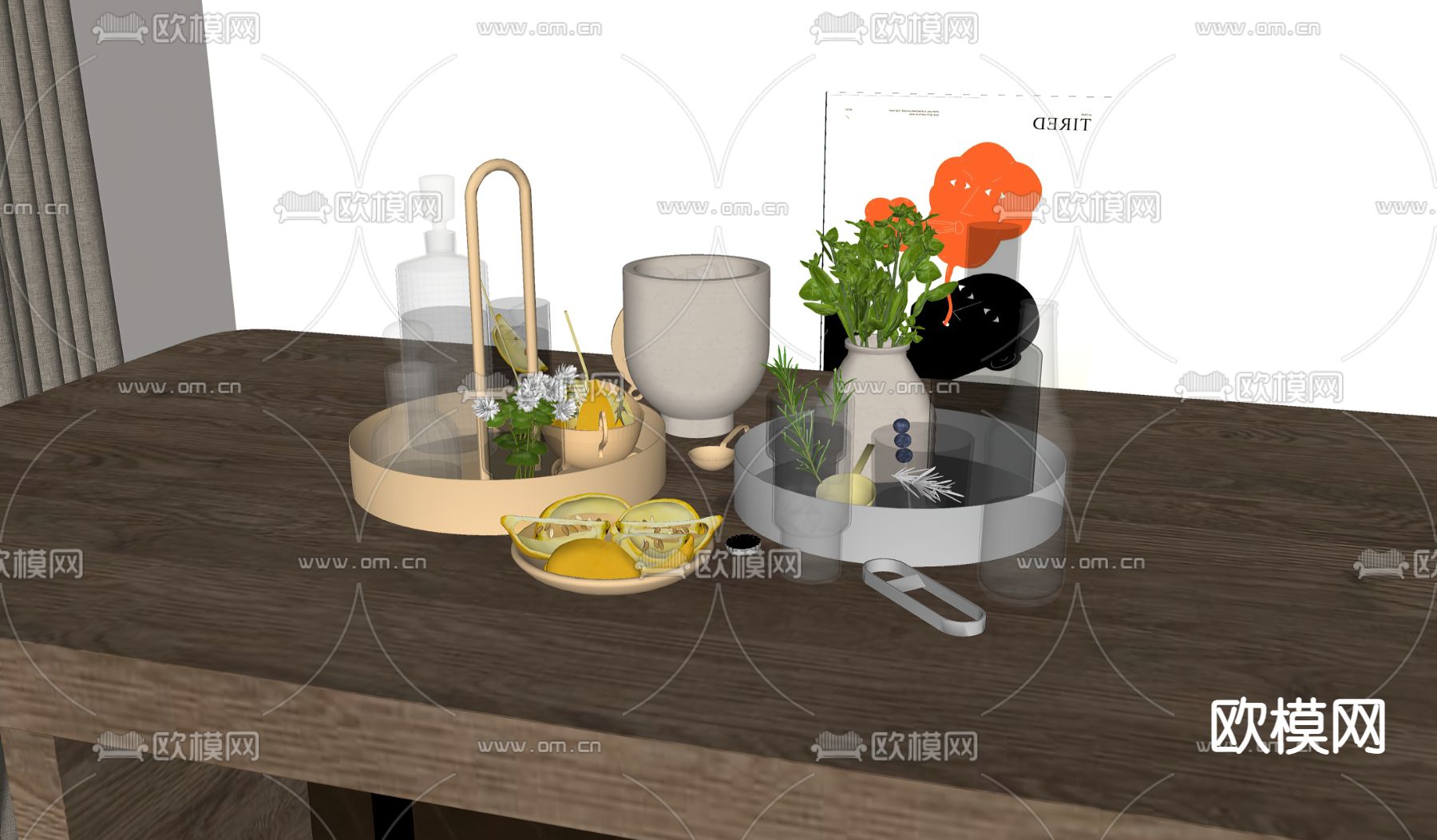 果盘 柠檬水 酒瓶su模型下载（渲染图2）