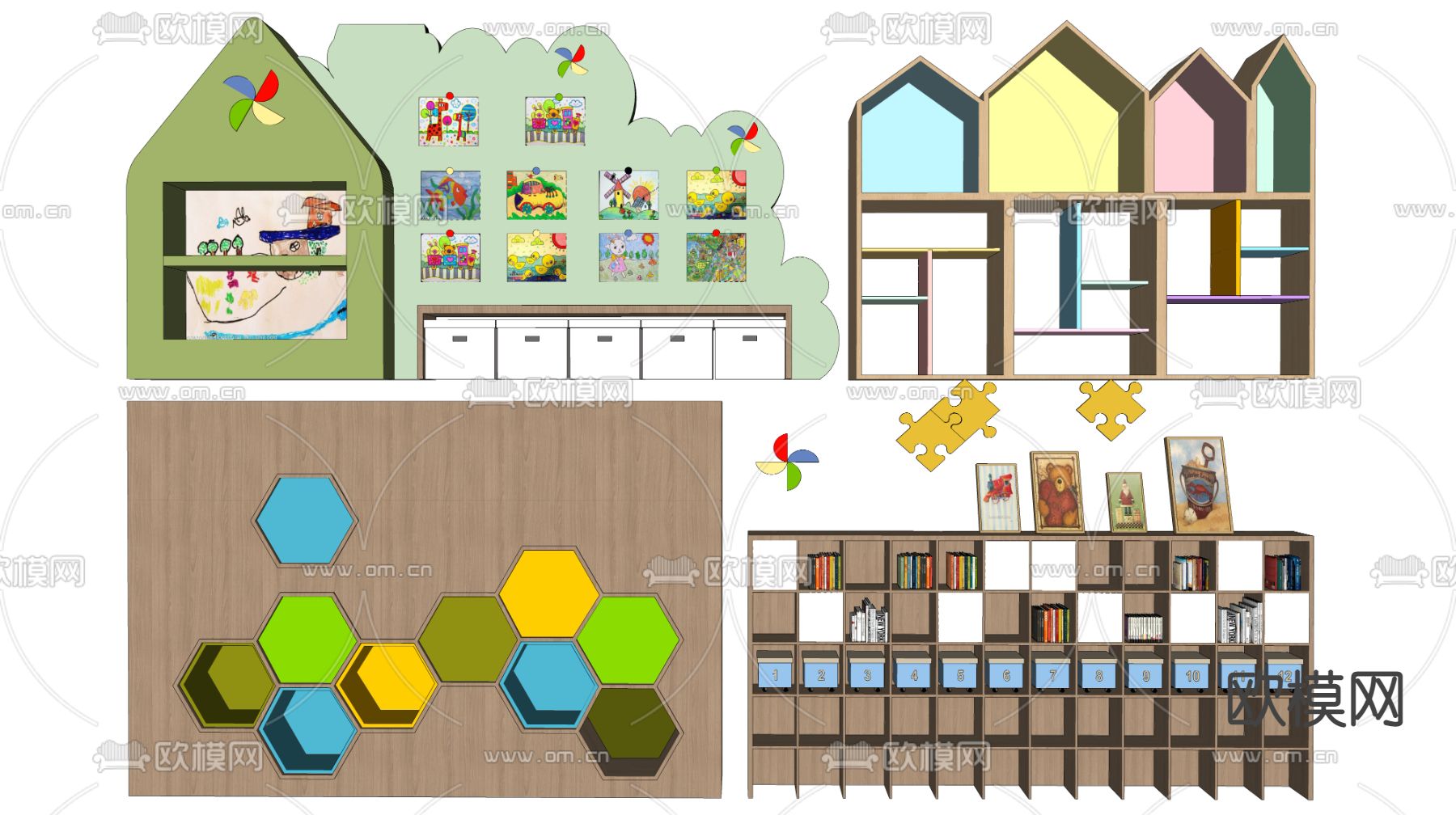 现代儿童书柜 装饰墙 背景墙su模型下载（渲染图2）