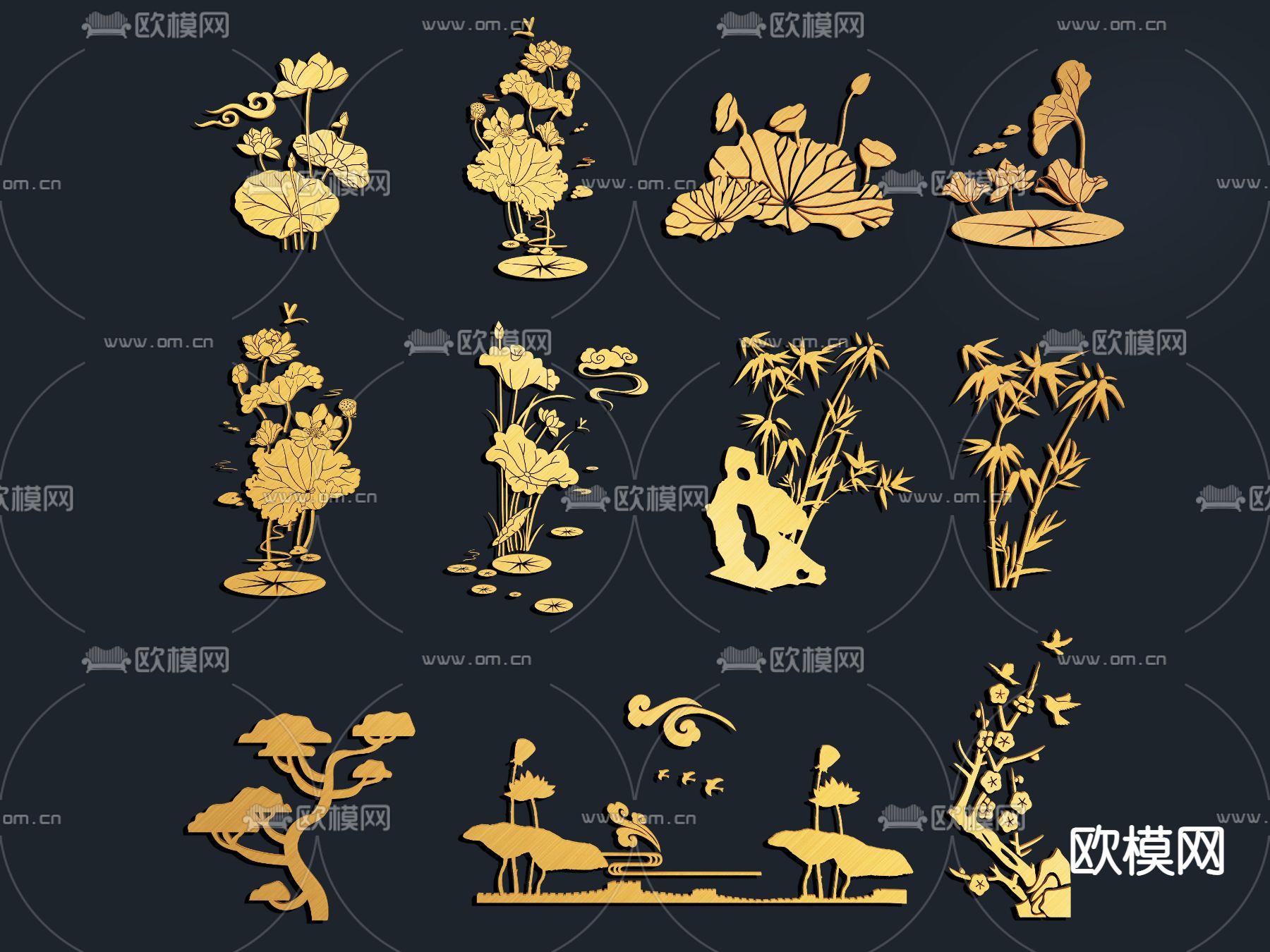 新中式标识 植物墙饰 图标3d模型下载