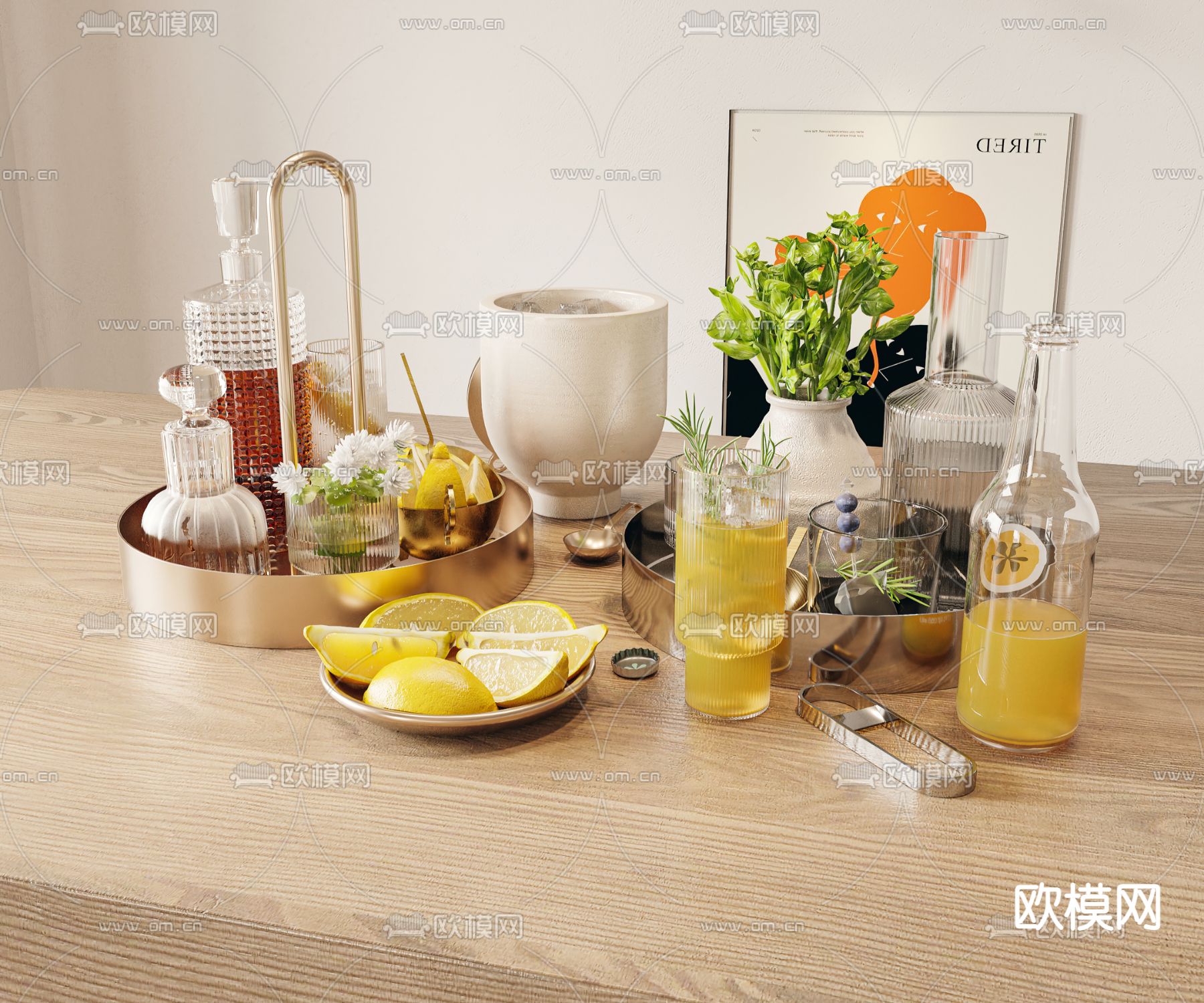 果盘 柠檬水 酒瓶su模型下载（渲染图1）