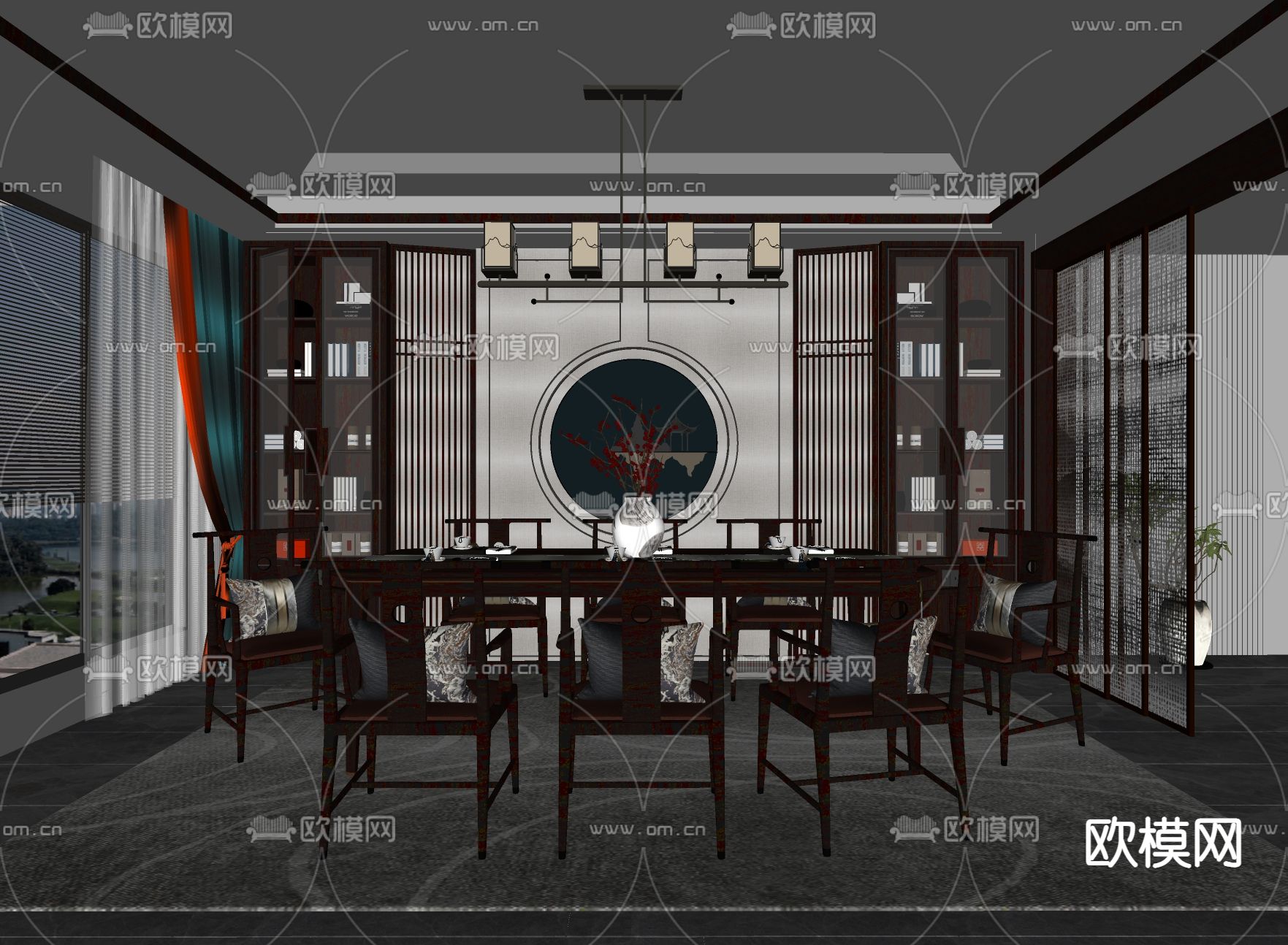 新中式餐厅su模型下载（渲染图2）