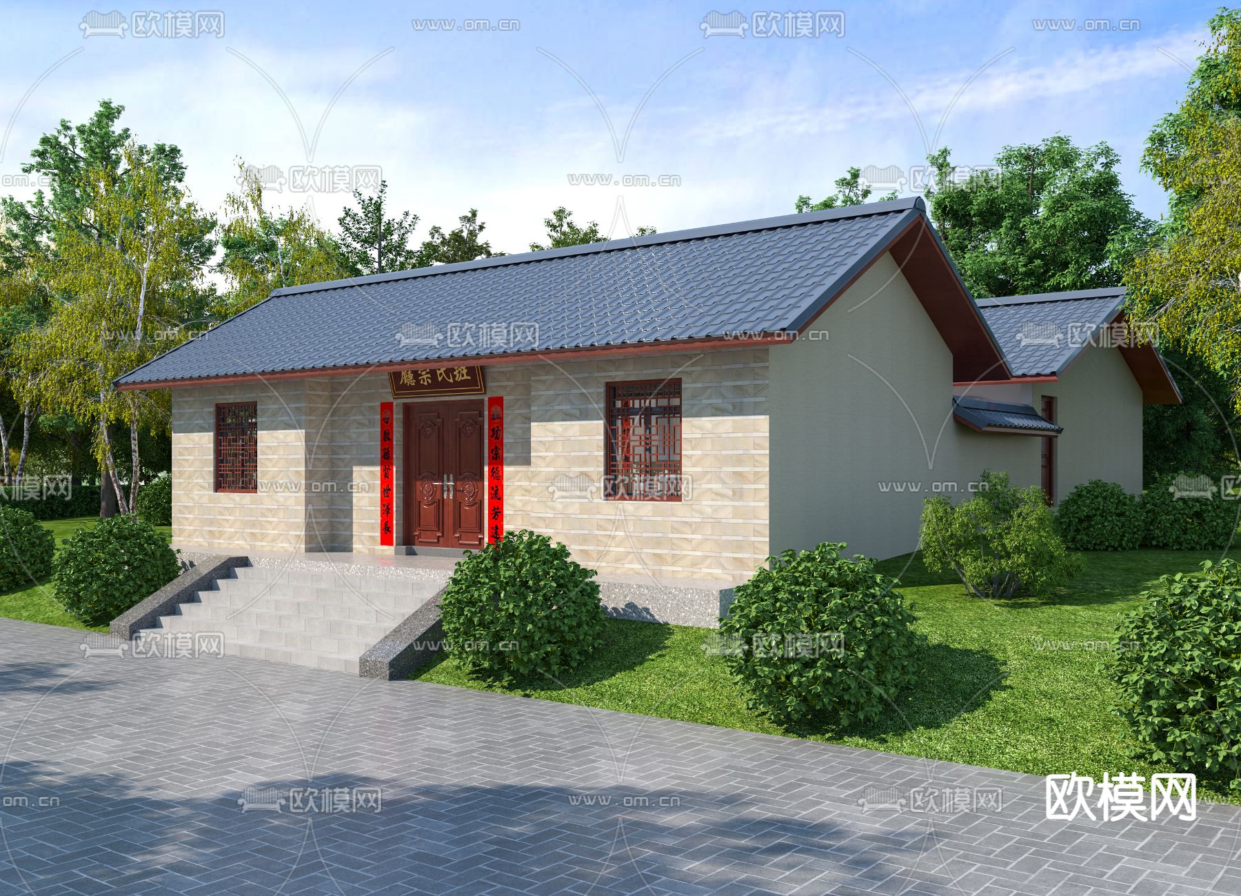 中式祖宗祠堂3d模型下载（渲染图1）