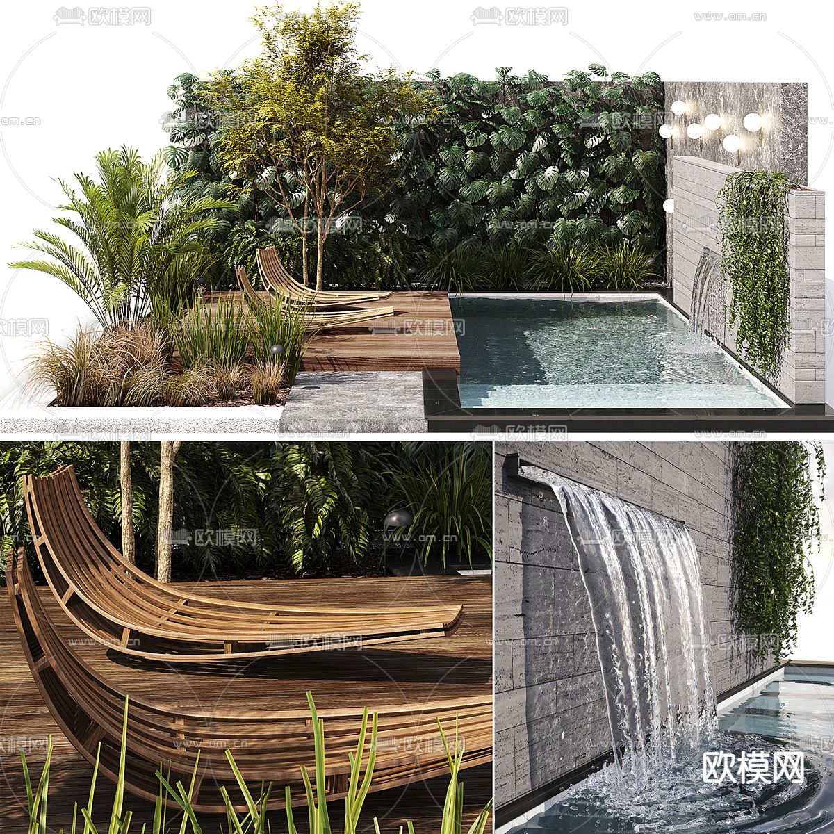 别墅游泳池 泳池椅 躺椅3d模型下载（渲染图1）