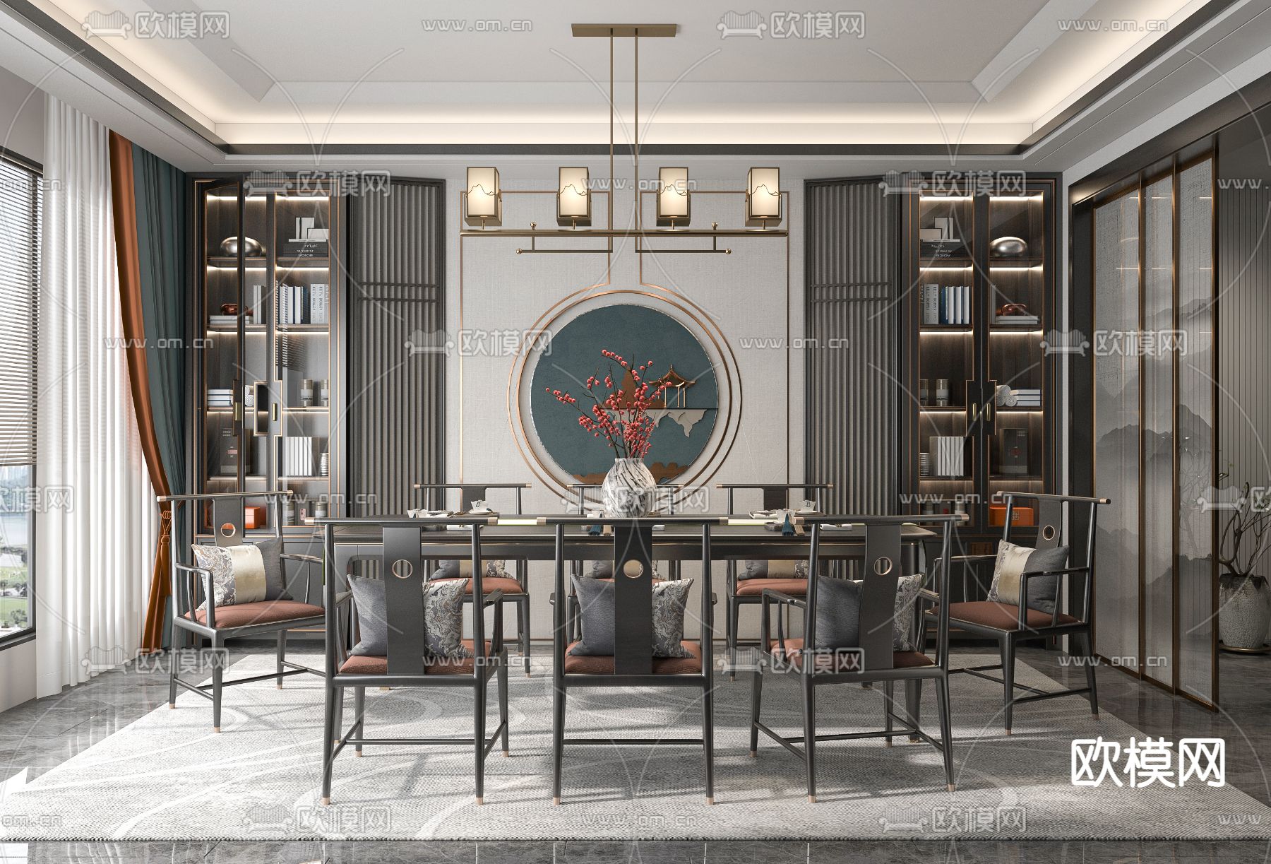 新中式餐厅su模型下载（渲染图1）