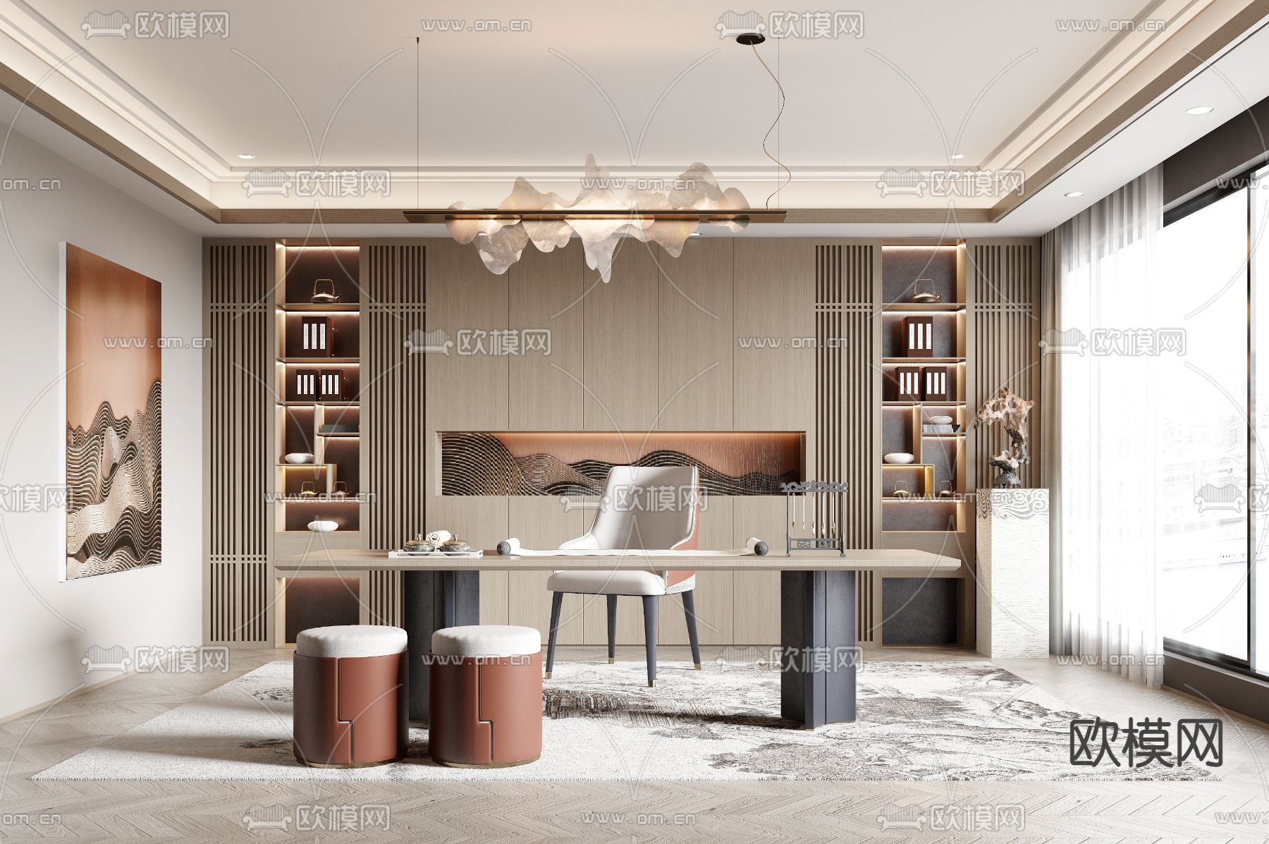 新中式书房3d模型下载