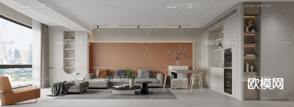 现代客厅 餐厅3d模型下载(渲染图1)