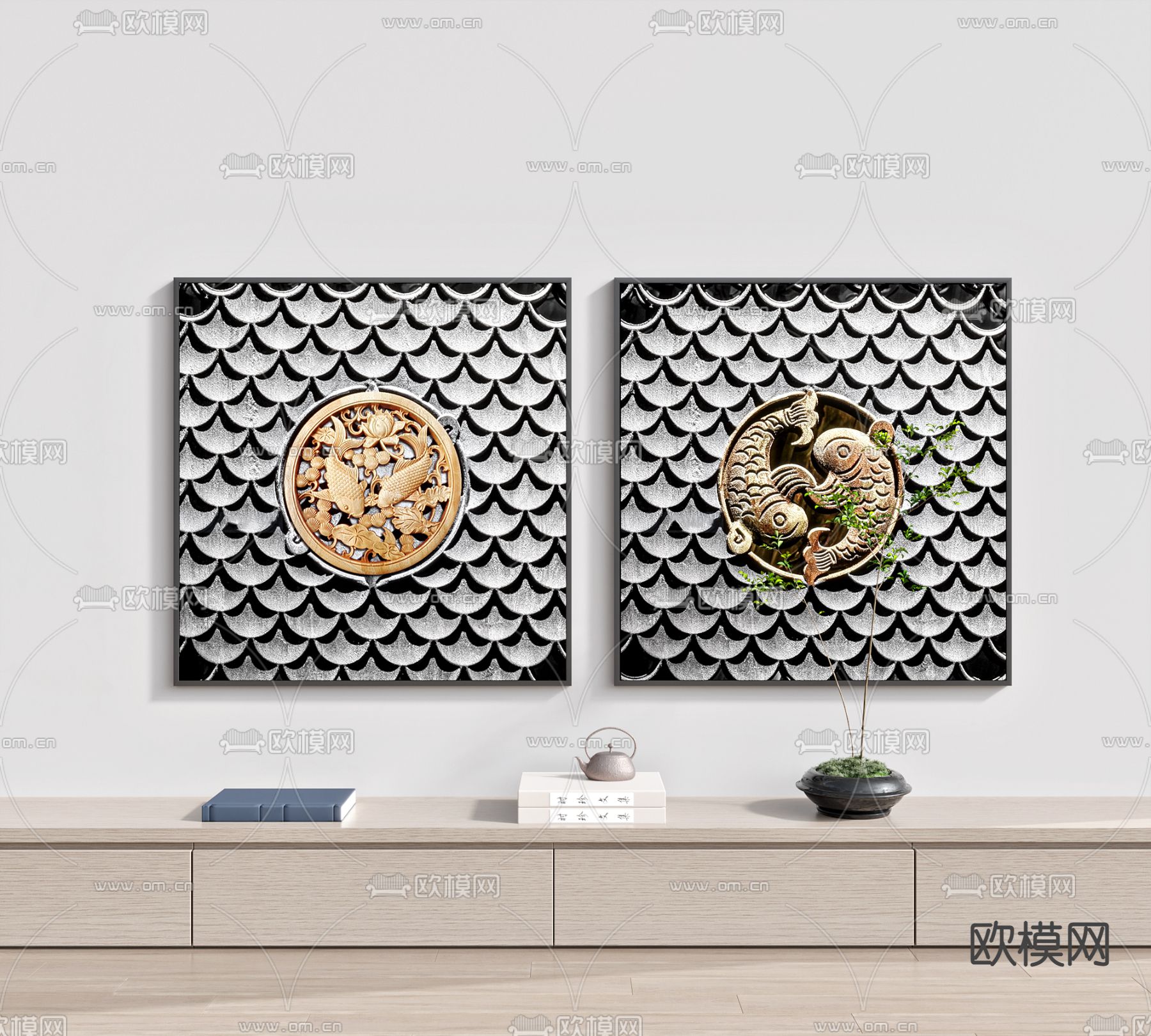 新中式装饰画 立体画 鱼鳞画3d模型下载_ID14033333_3dmax免费模型-欧模网