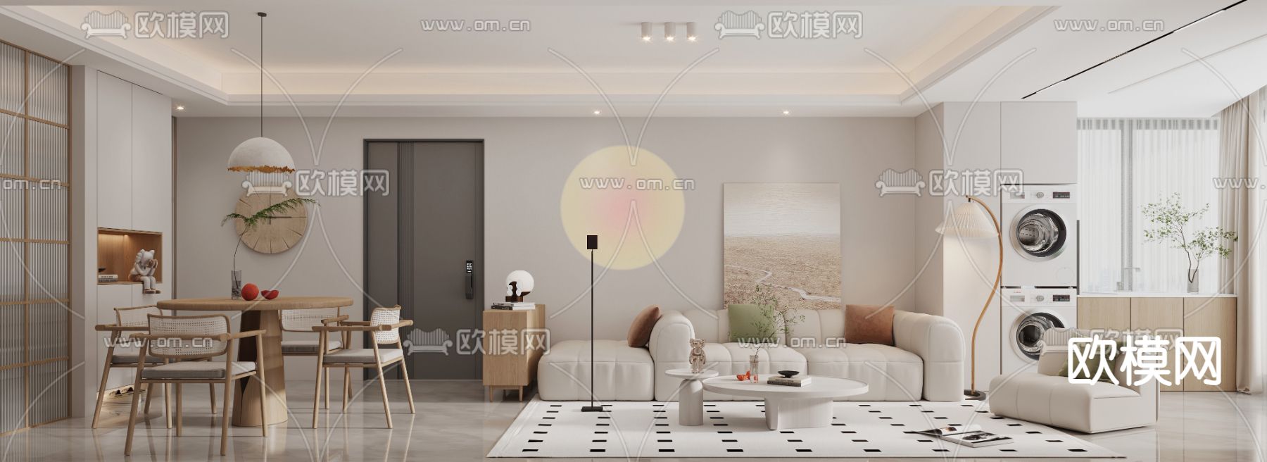 奶油风客厅 餐厅3d模型下载（渲染图1）