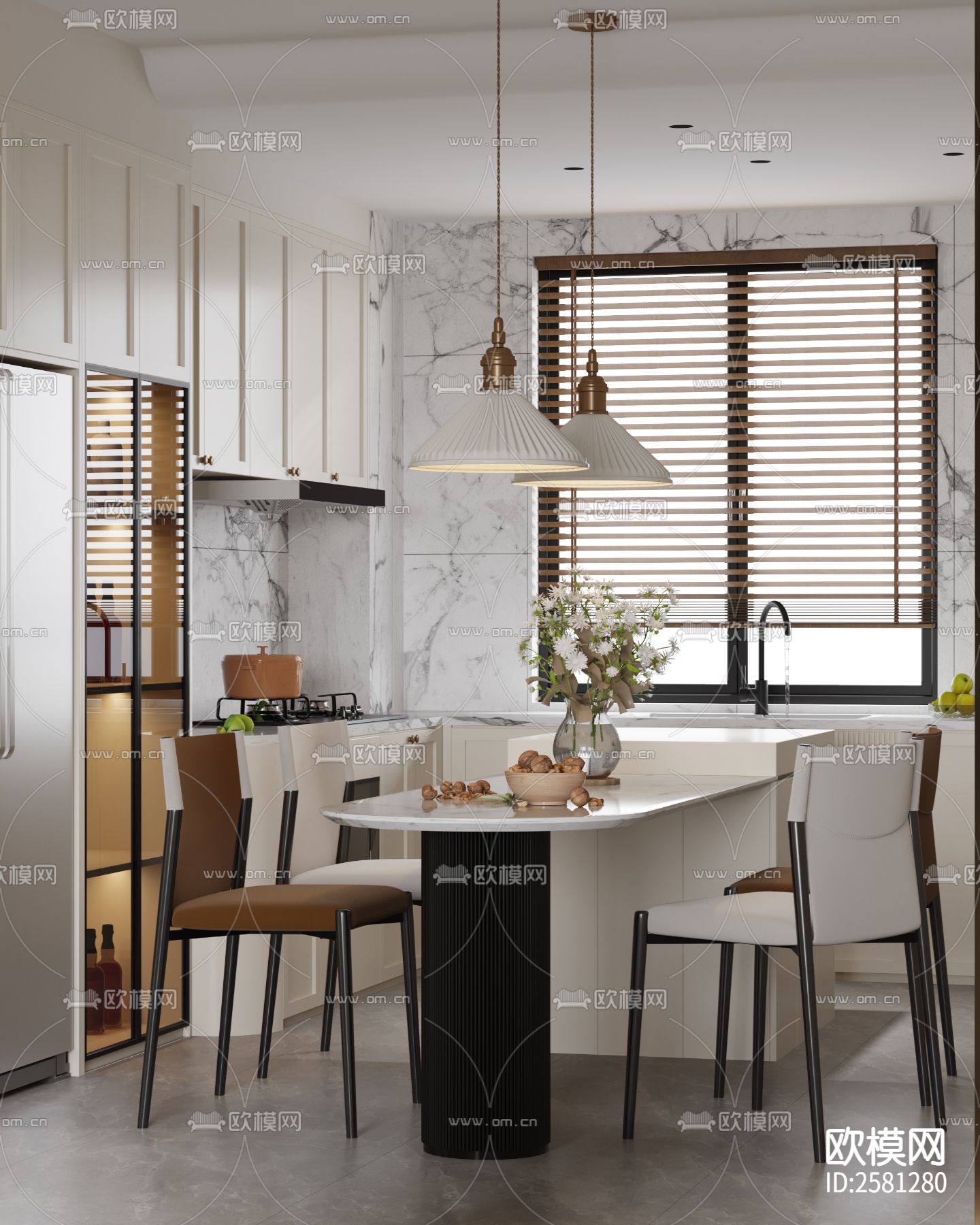 奶油风家装CAD施工图 效果图下载（渲染图5）