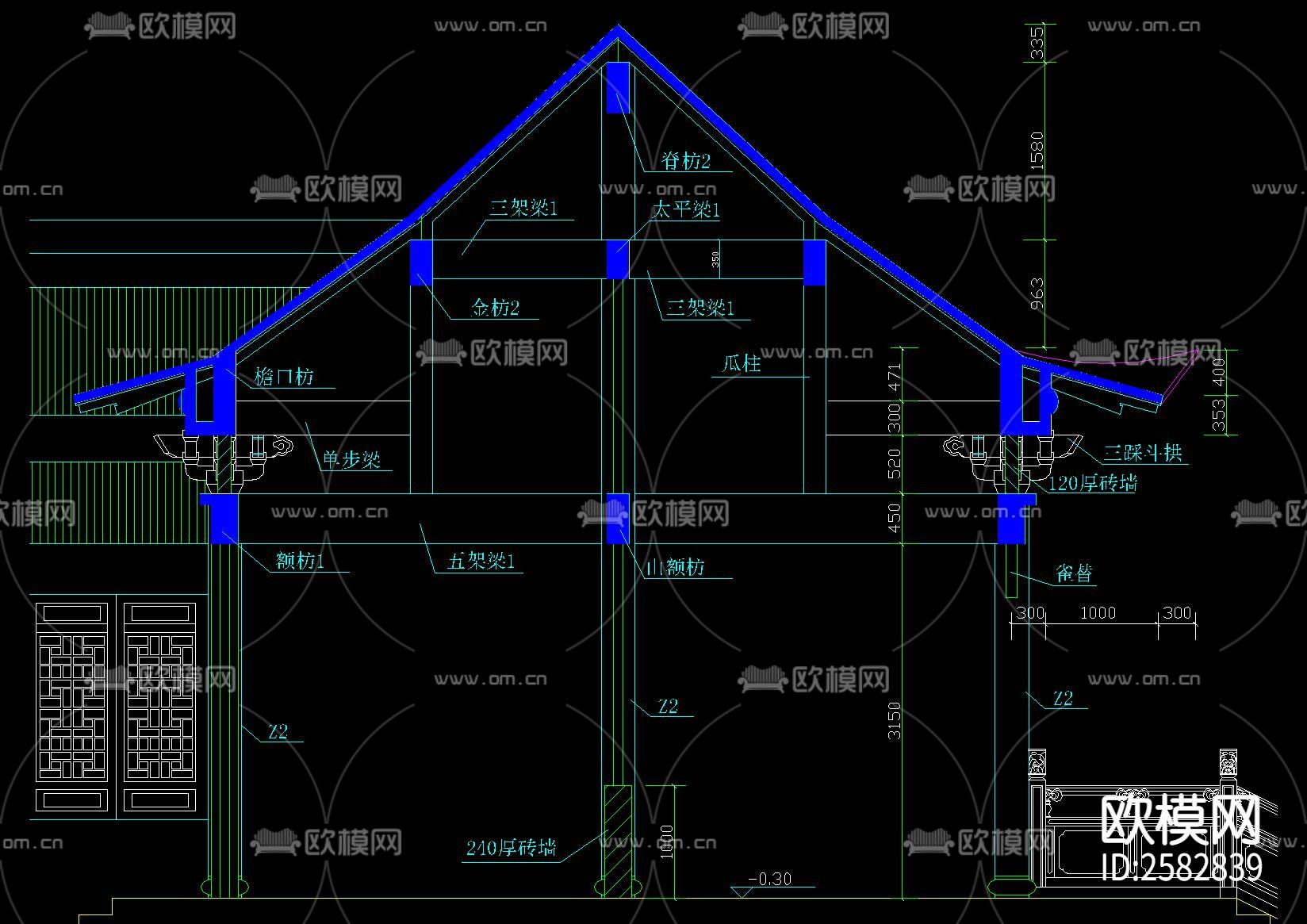 中式古建罗汉堂建筑CAD施工图下载（渲染图4）