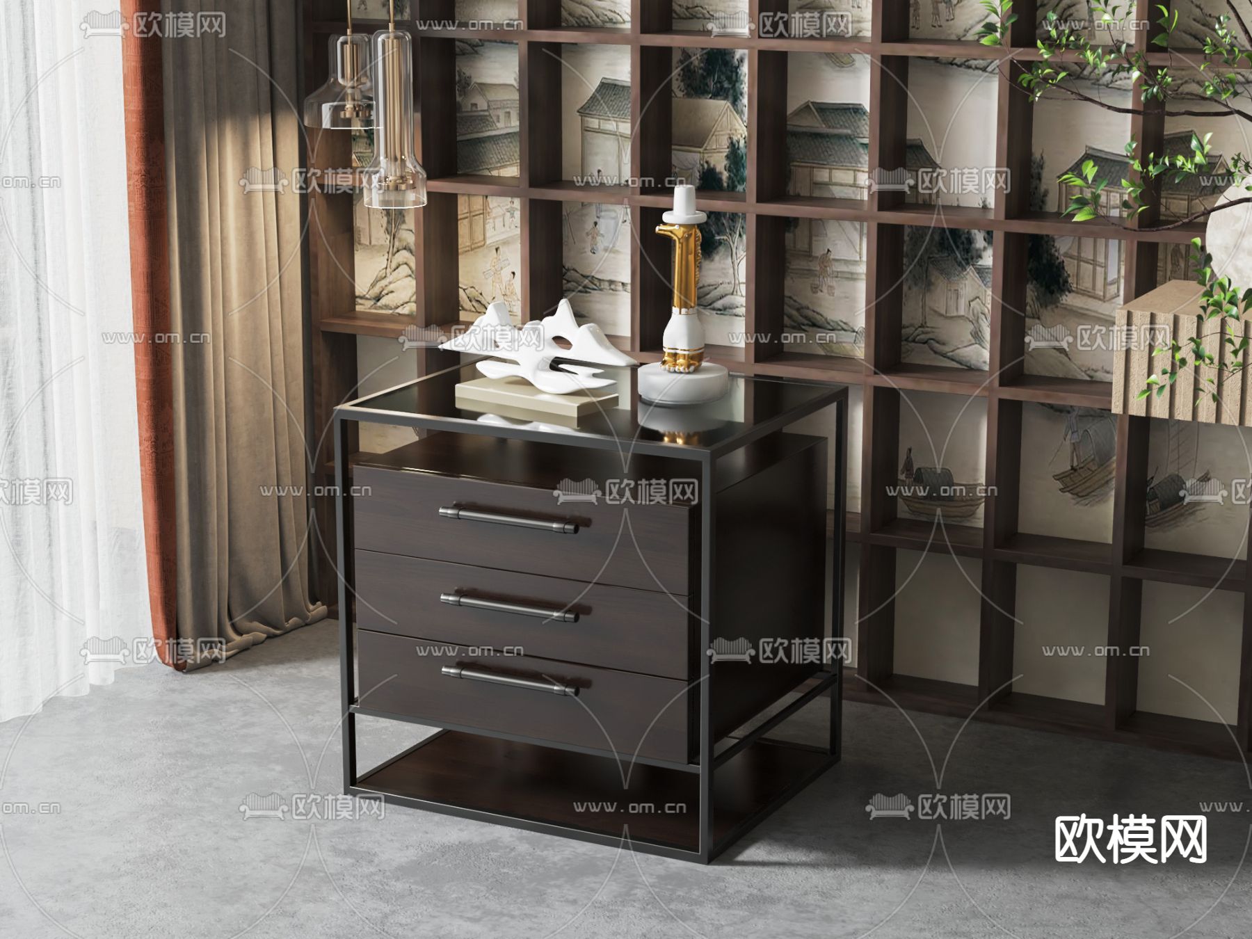 新中式床头柜3d模型下载