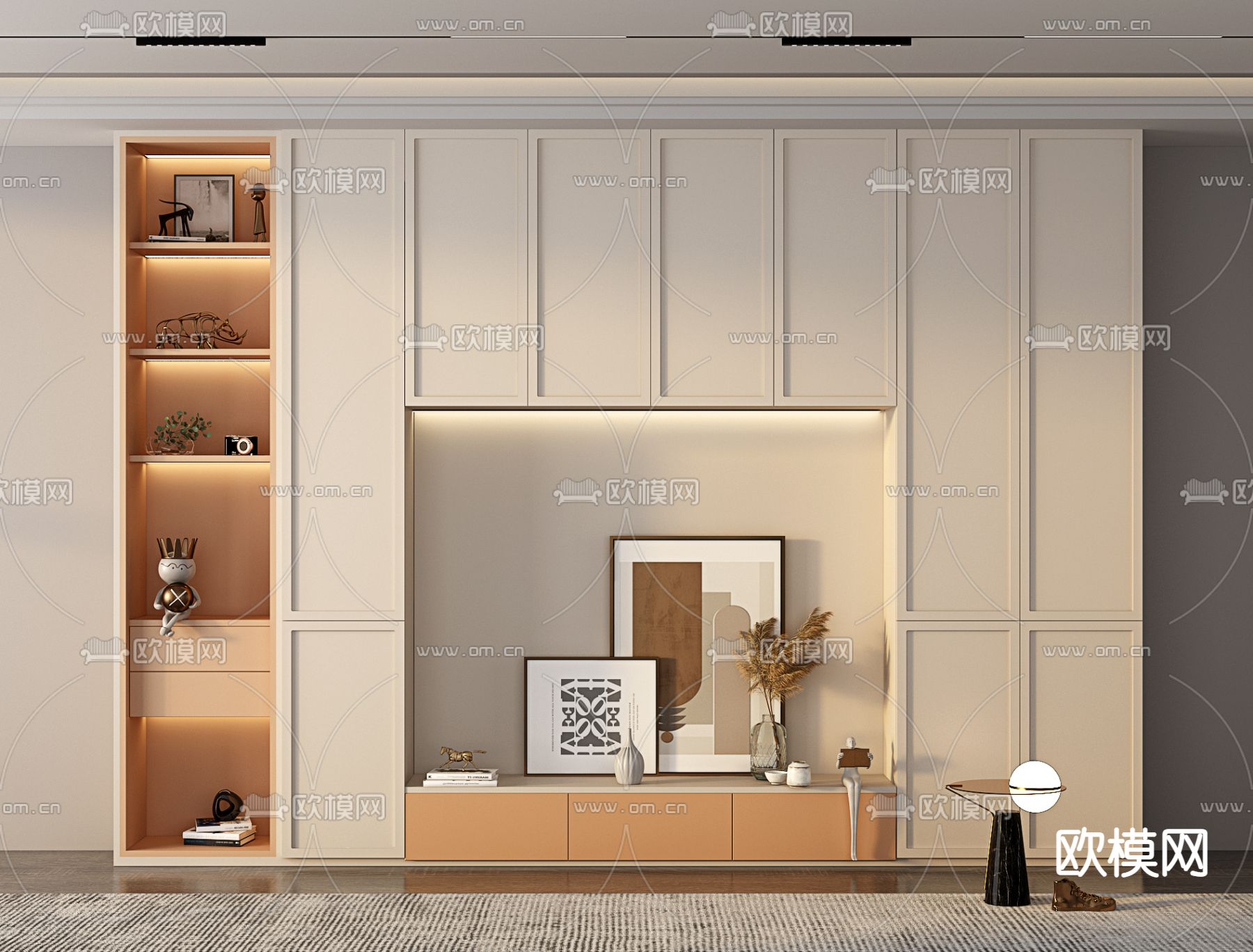 奶油风电视背景墙su模型下载（渲染图1）