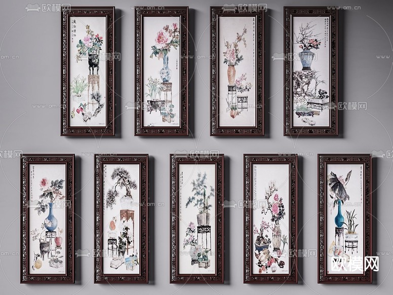 中式装饰画 花鸟画 组合画3d模型下载
