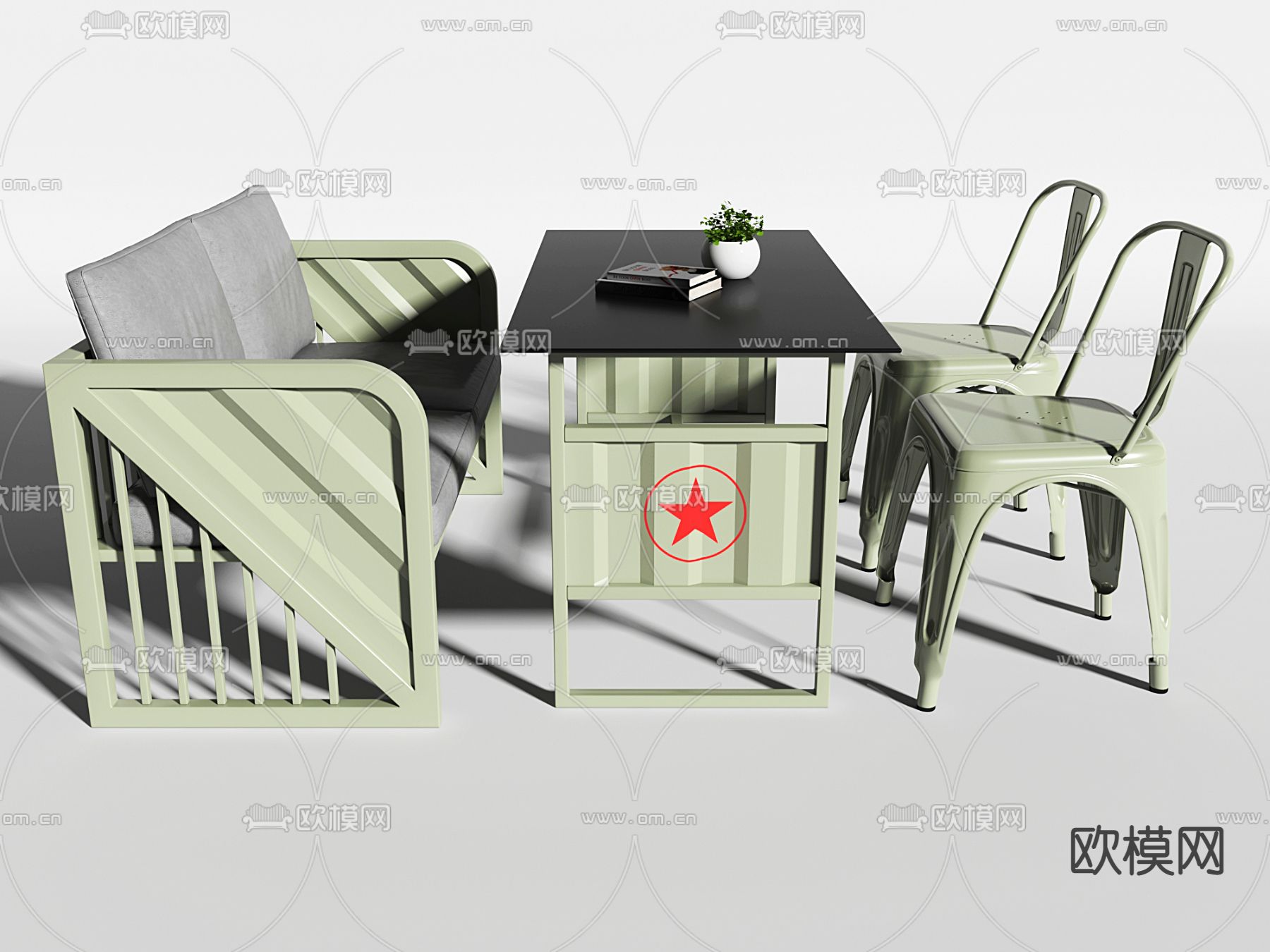 工业风餐桌椅3d模型下载（渲染图1）