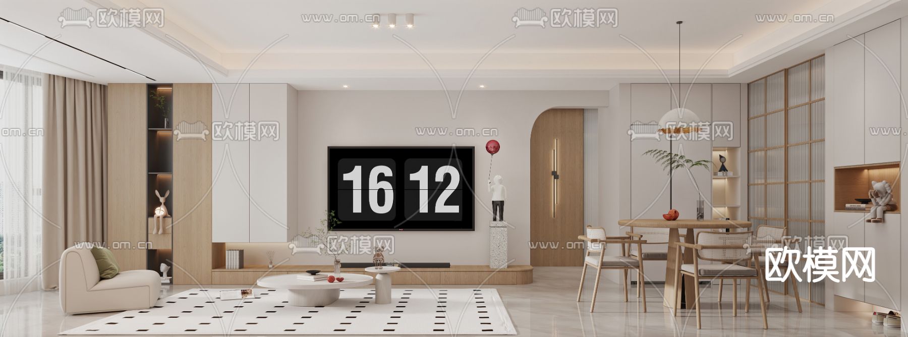 奶油风客厅 餐厅3d模型下载（渲染图2）