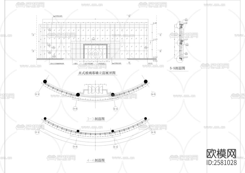 现代建筑点式 玻璃幕墙CAD施工图下载(渲染图4)