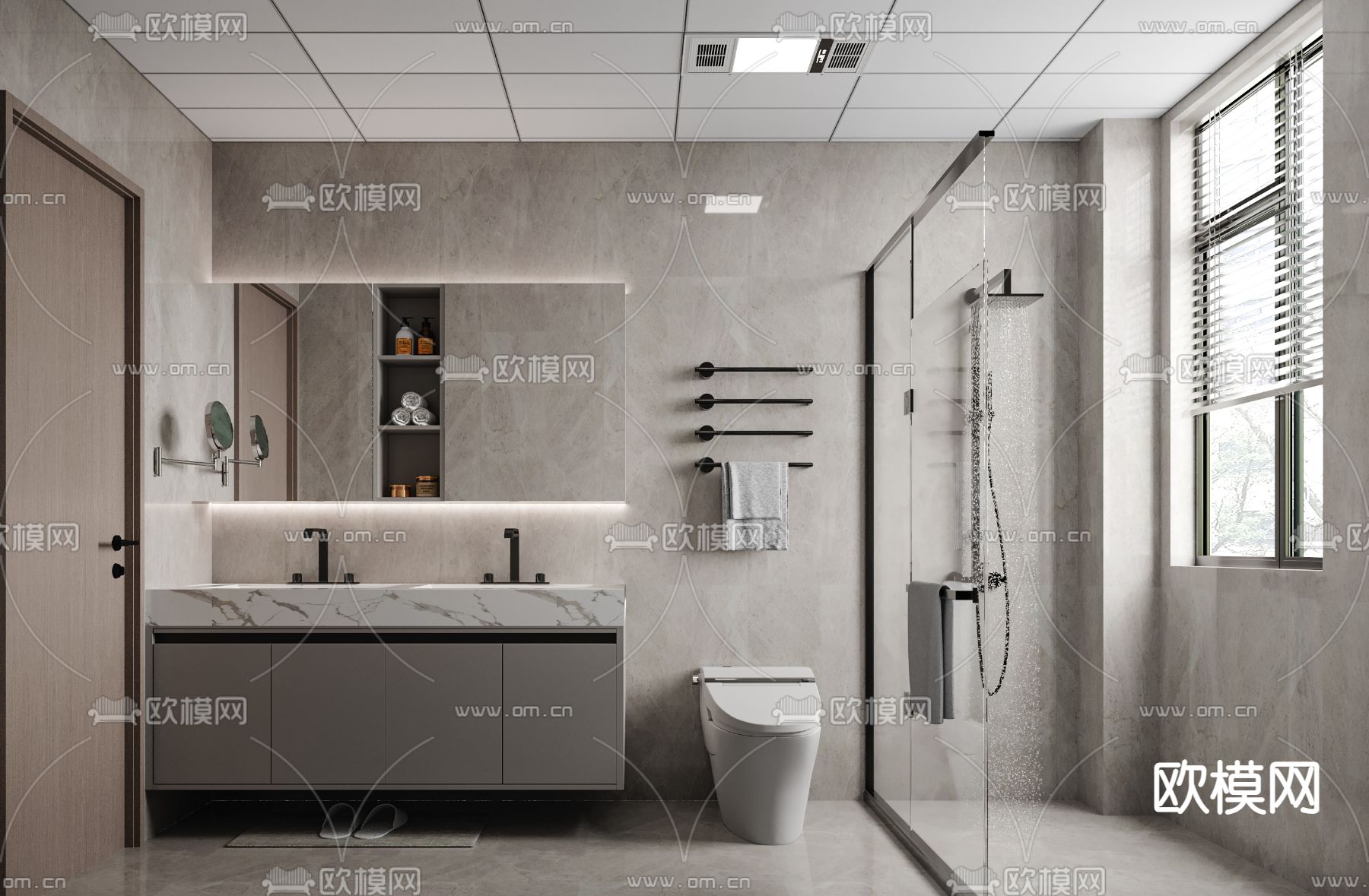 奶油风卫生间 浴室 洗手间3d模型下载_ID12319595_3dmax免费模型-欧模网