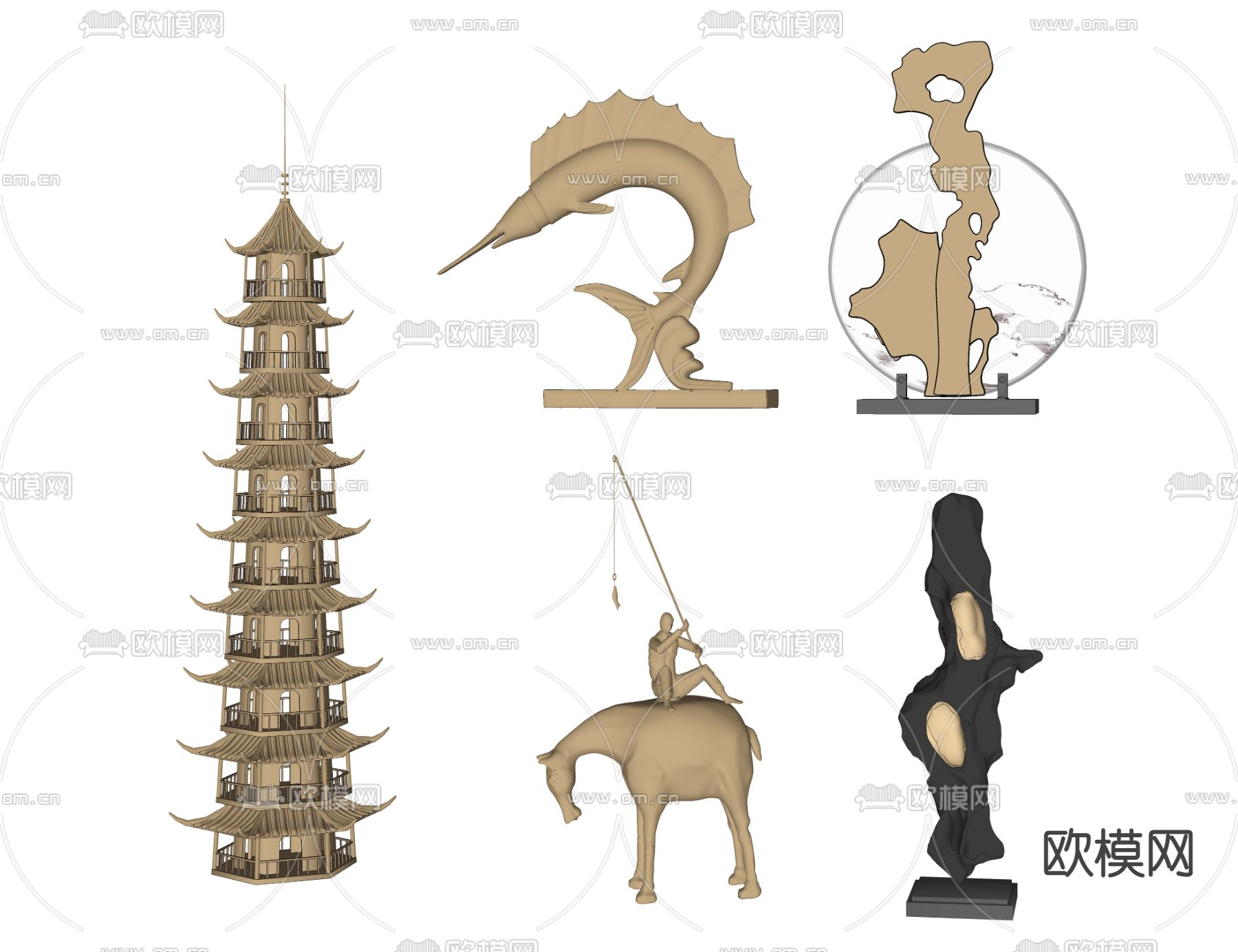 新中式雕塑su模型下载（渲染图2）
