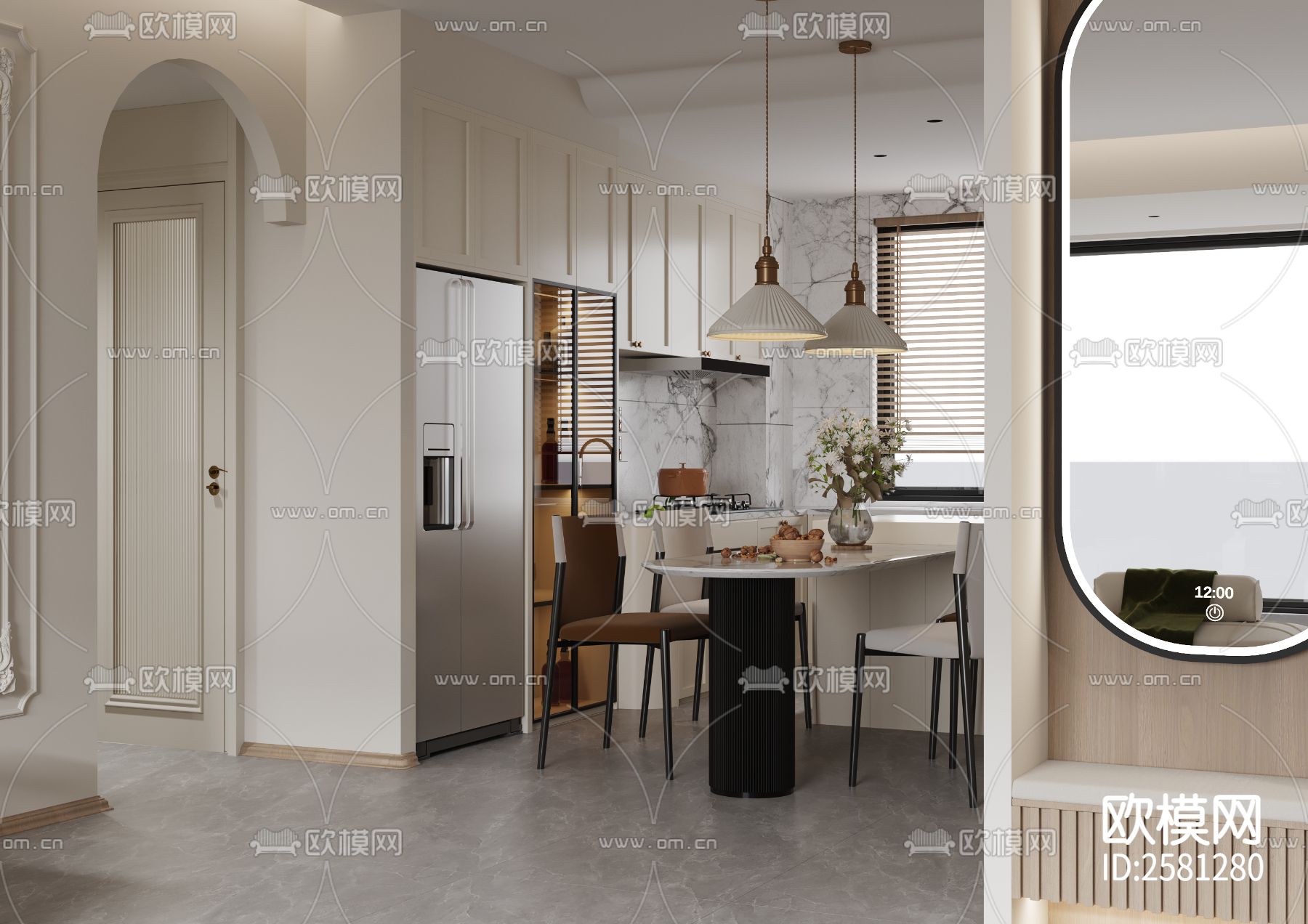 奶油风家装CAD施工图 效果图下载（渲染图6）