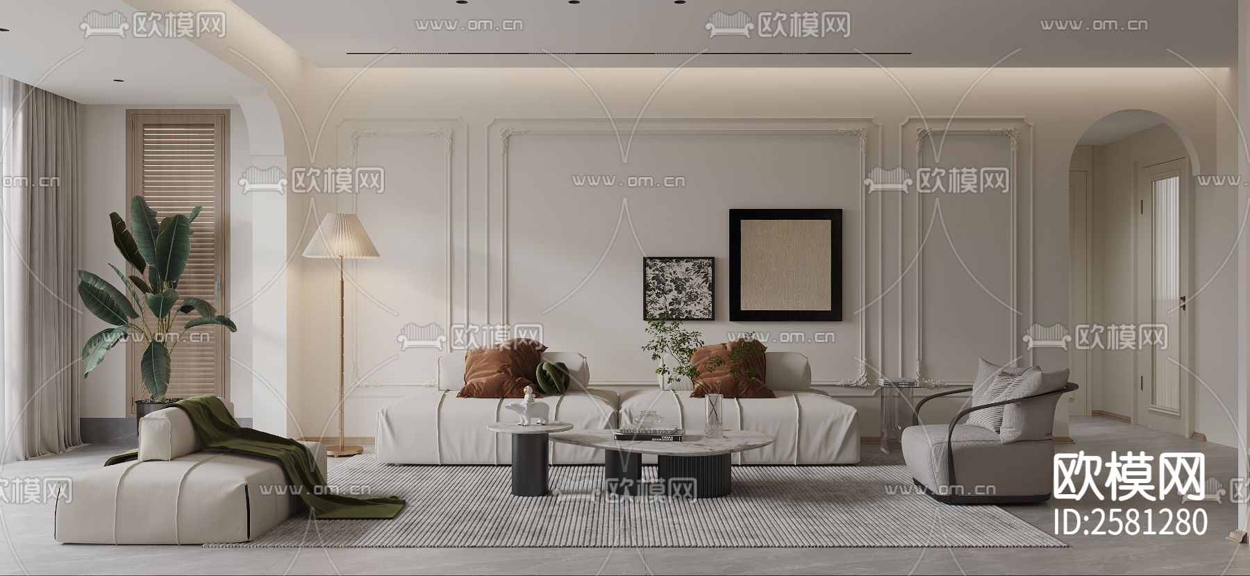 奶油风家装CAD施工图 效果图下载（渲染图1）