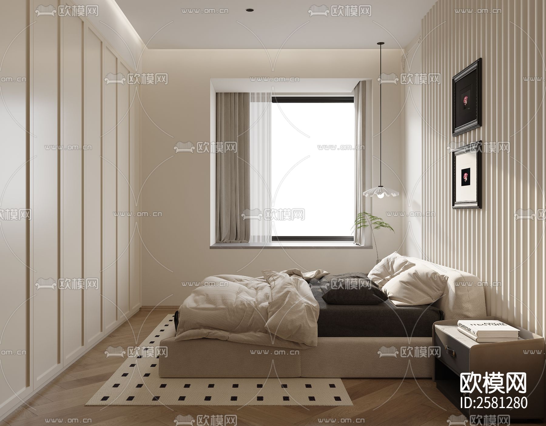 奶油风家装CAD施工图 效果图下载（渲染图4）