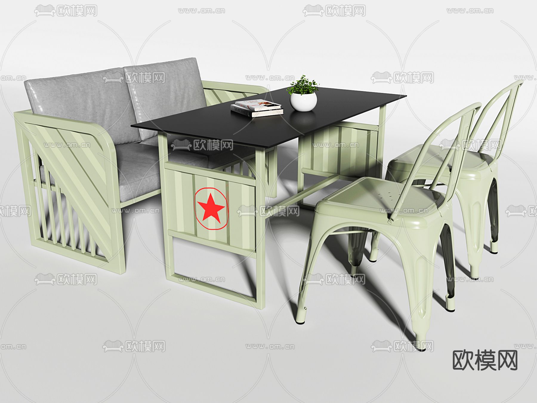 工业风餐桌椅3d模型下载（渲染图2）