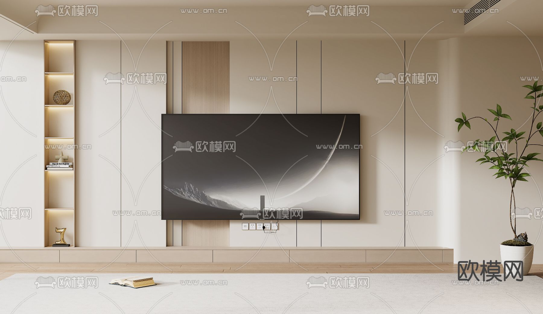 奶油风电视背景墙3d模型下载