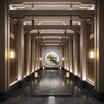  新中式酒店过道su模型 