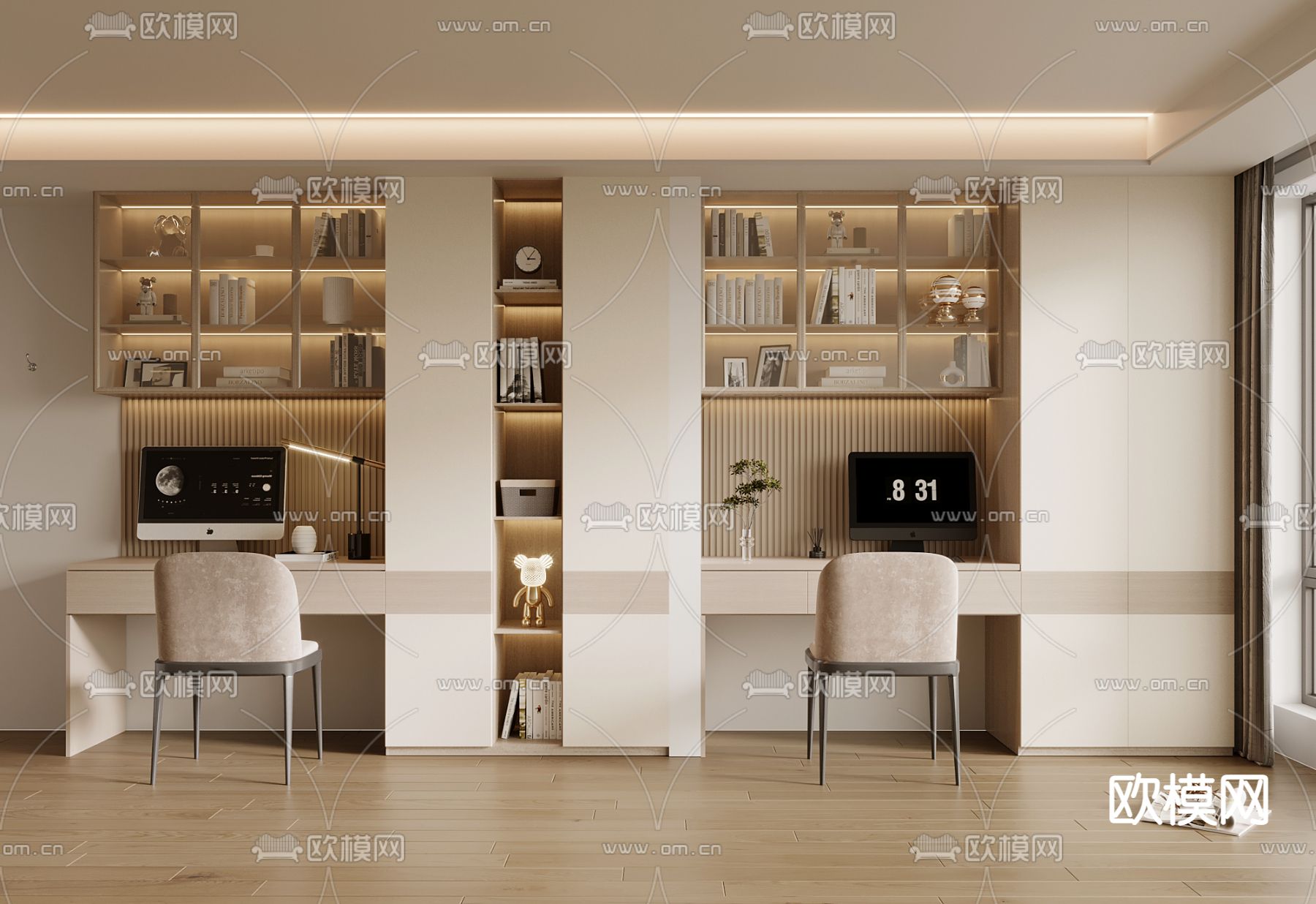 一体书桌 书柜3d模型下载