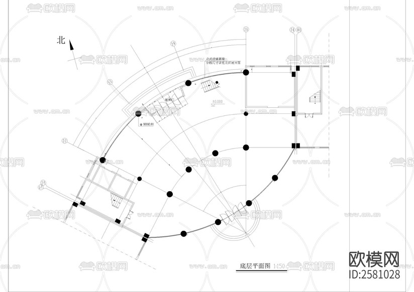 现代建筑点式 玻璃幕墙CAD施工图下载(渲染图1)