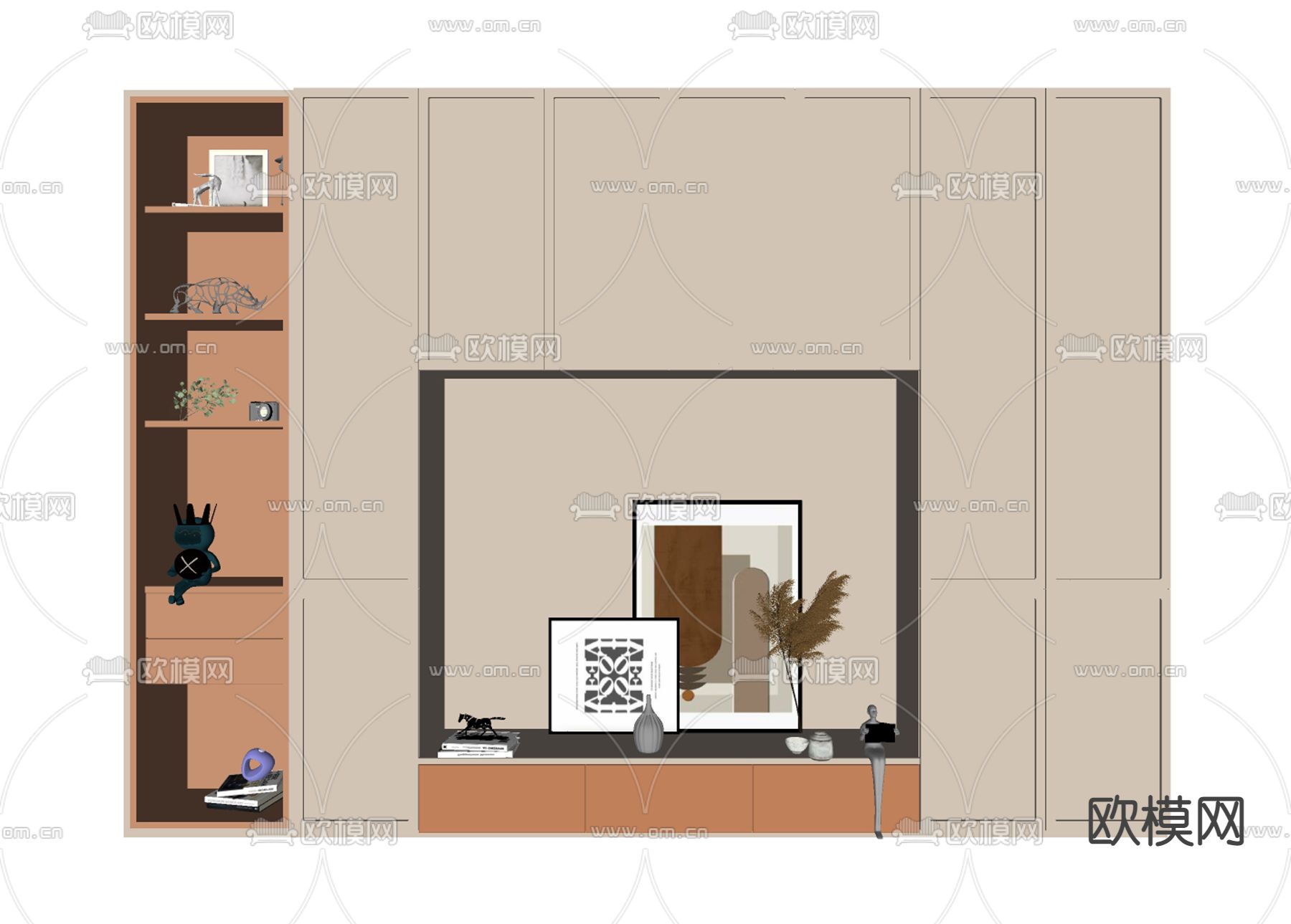 奶油风电视背景墙su模型下载（渲染图2）