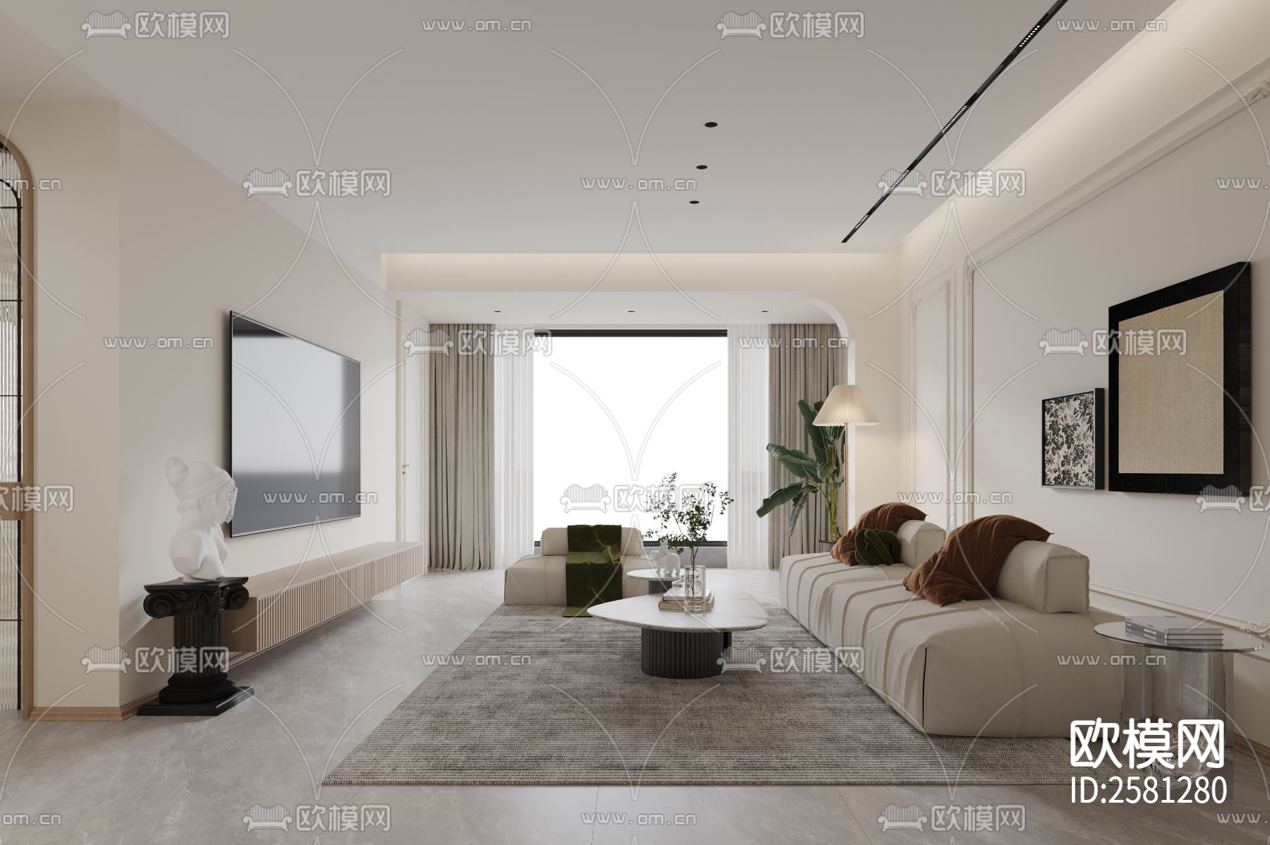 奶油风家装CAD施工图 效果图下载（渲染图3）