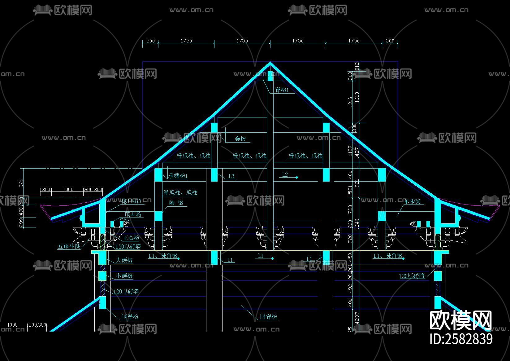 中式古建罗汉堂建筑CAD施工图下载（渲染图3）