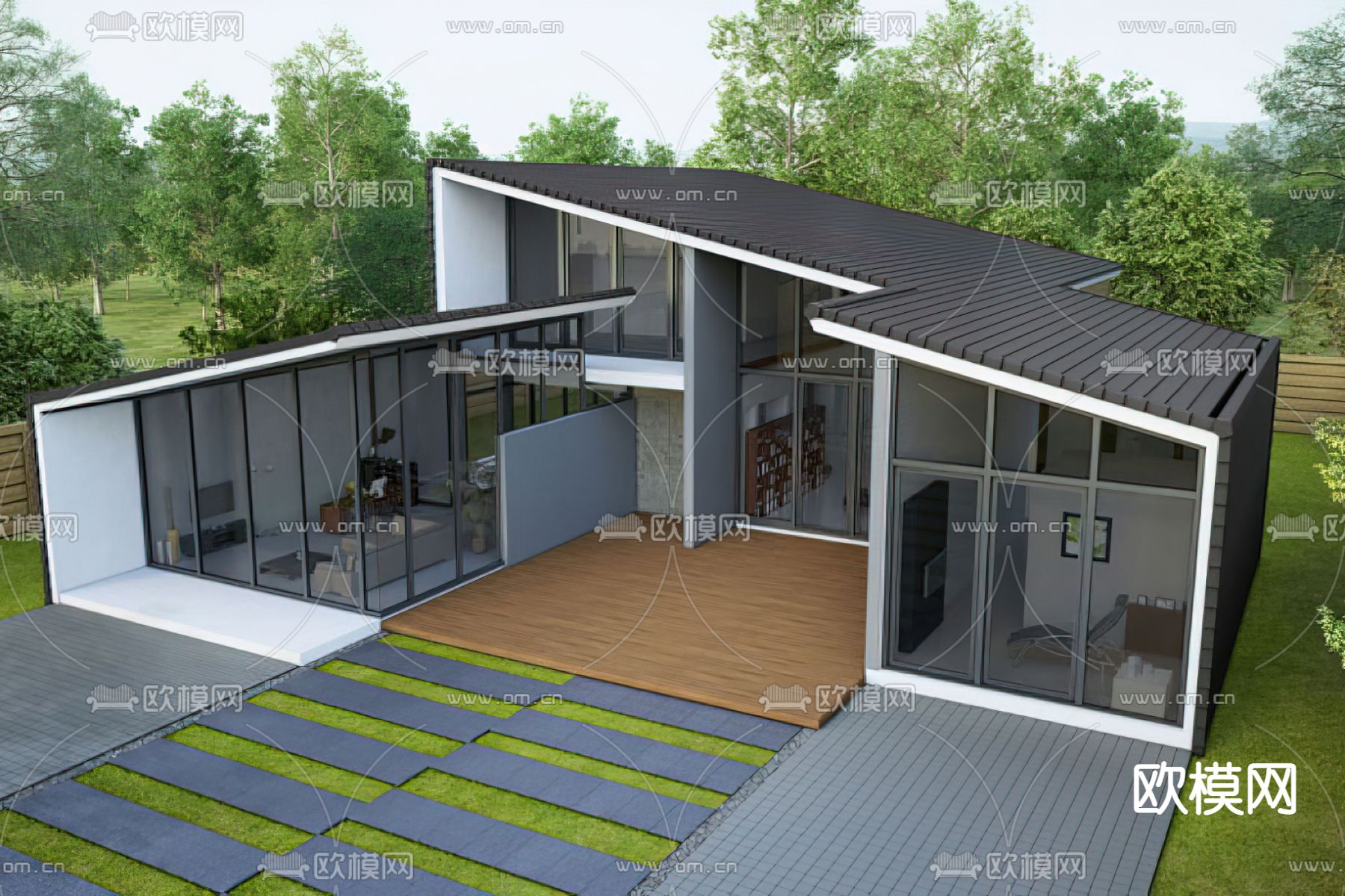 现代独栋别墅su模型下载（渲染图1）