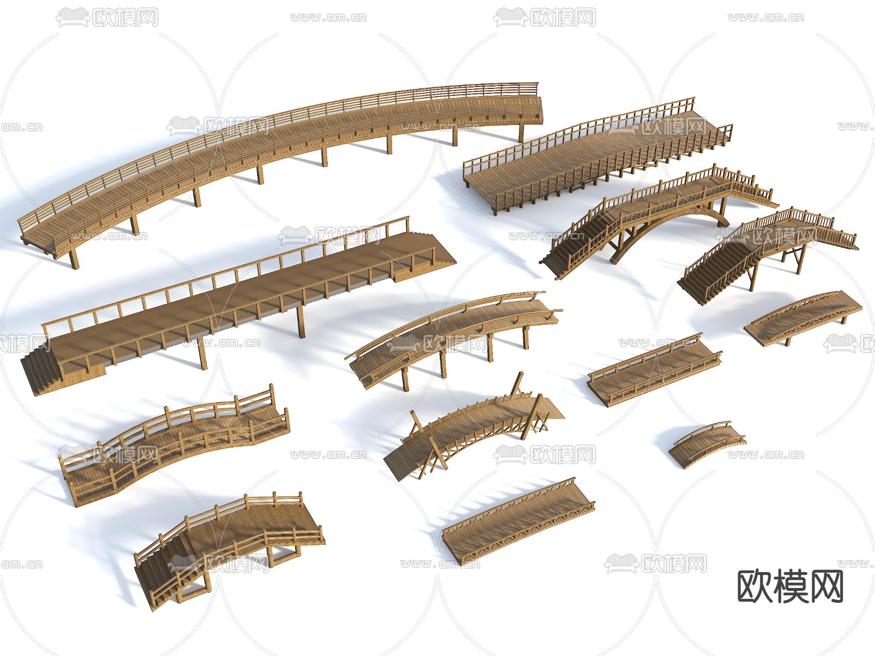 新中式木桥 木栈道 栈桥3d模型下载