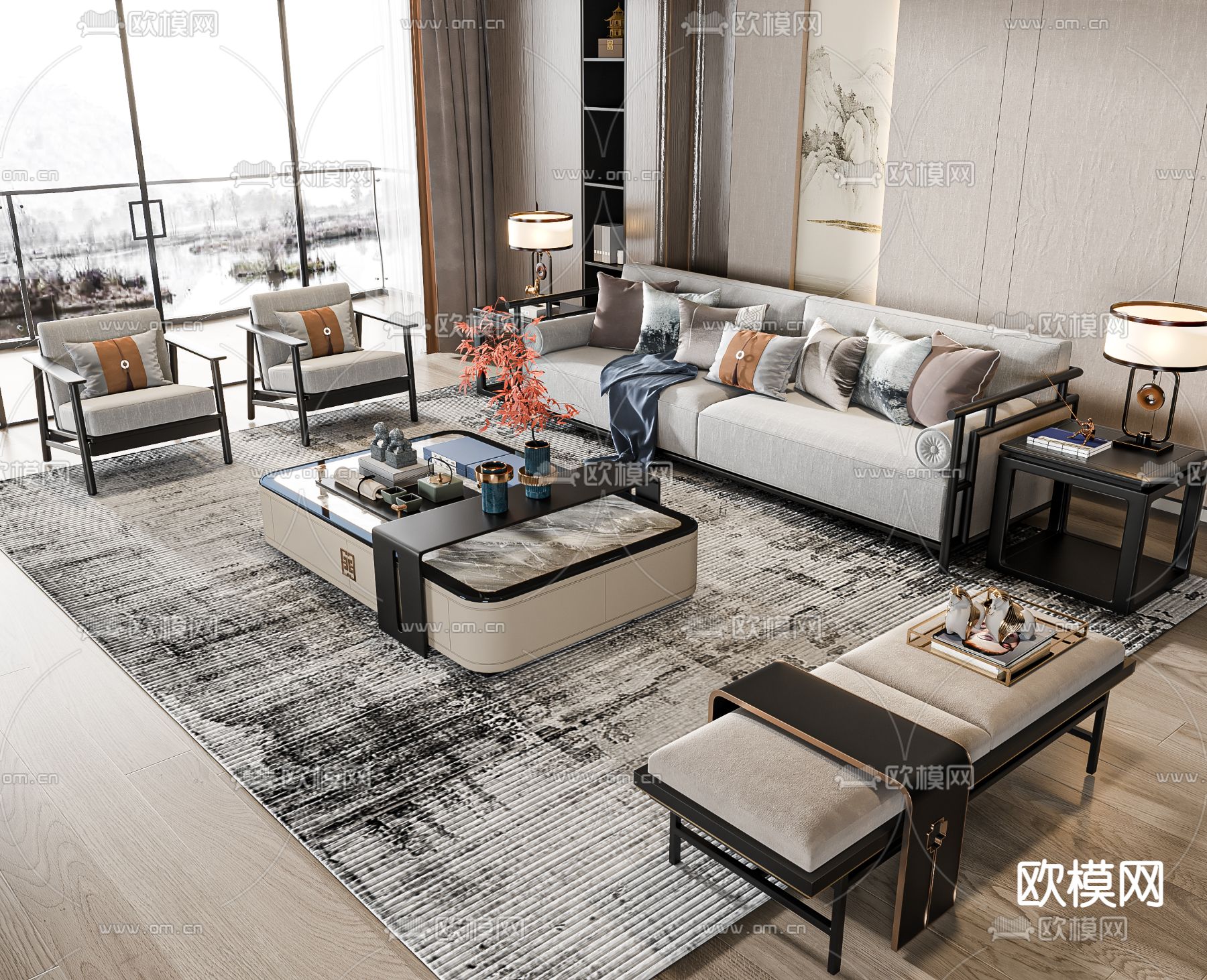 新中式组合沙发3d模型下载（渲染图1）