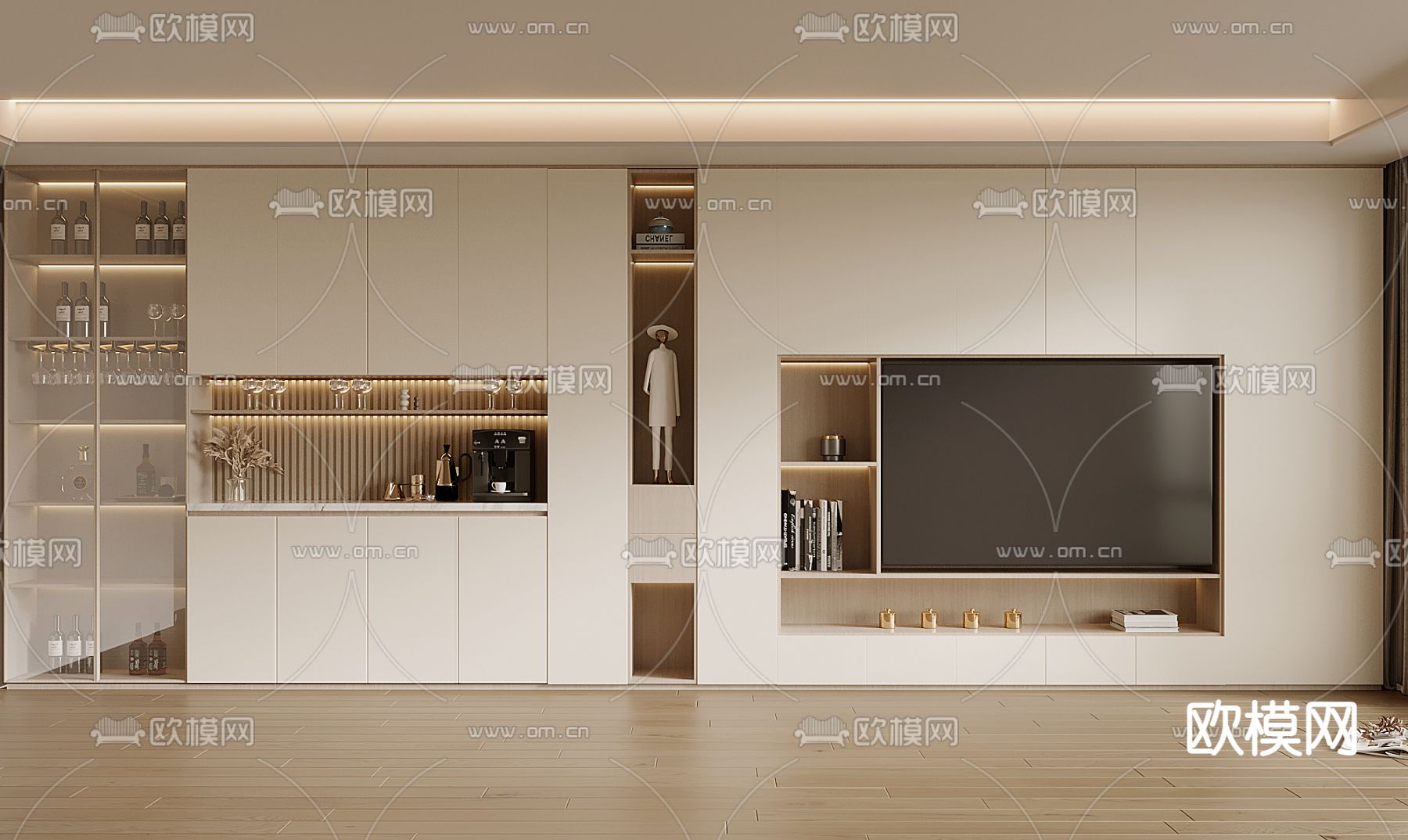 奶油风 电视柜背景墙3d模型下载_ID14034165_3dmax免费模型-欧模网