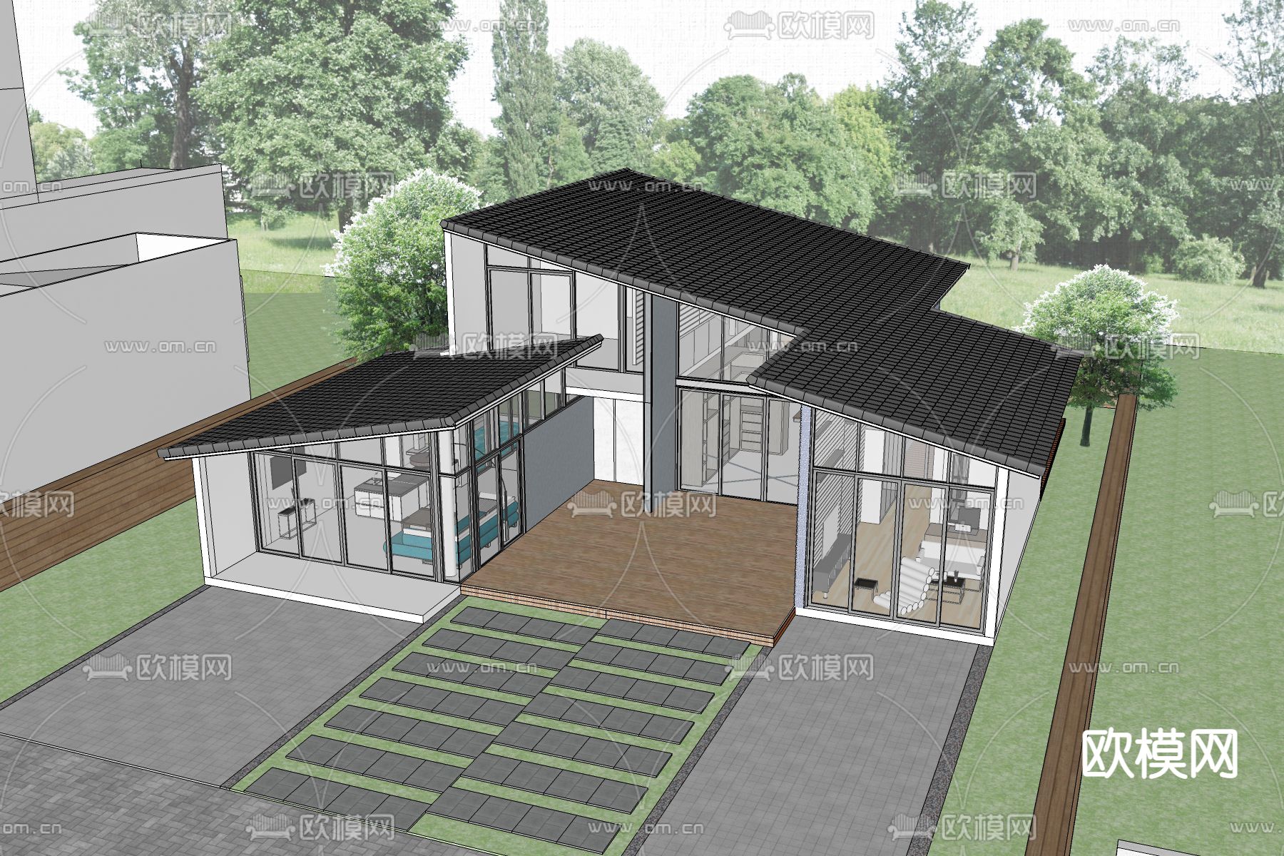 现代独栋别墅su模型下载（渲染图2）