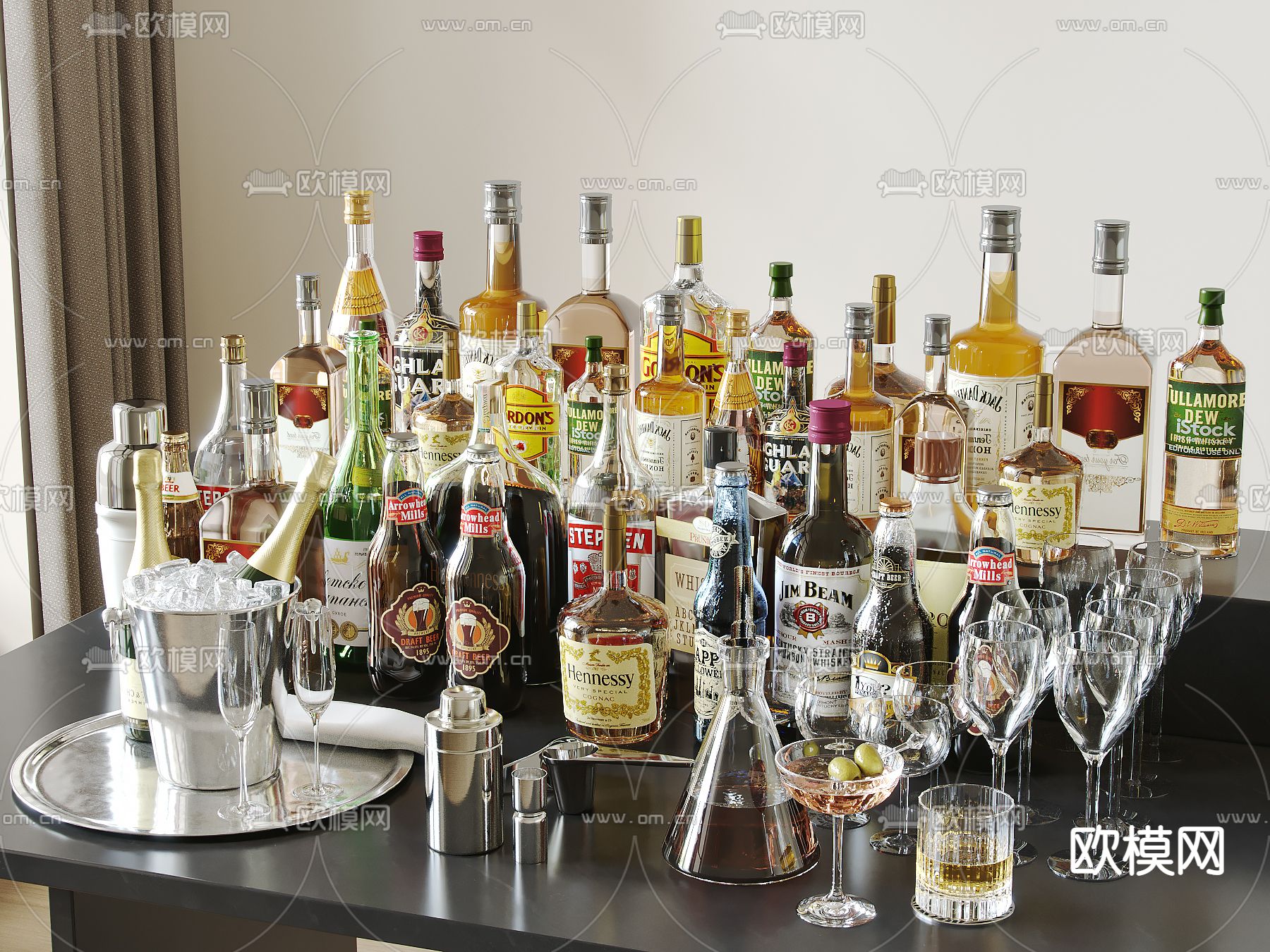 洋酒 酒瓶 酒水 酒杯3d模型下载