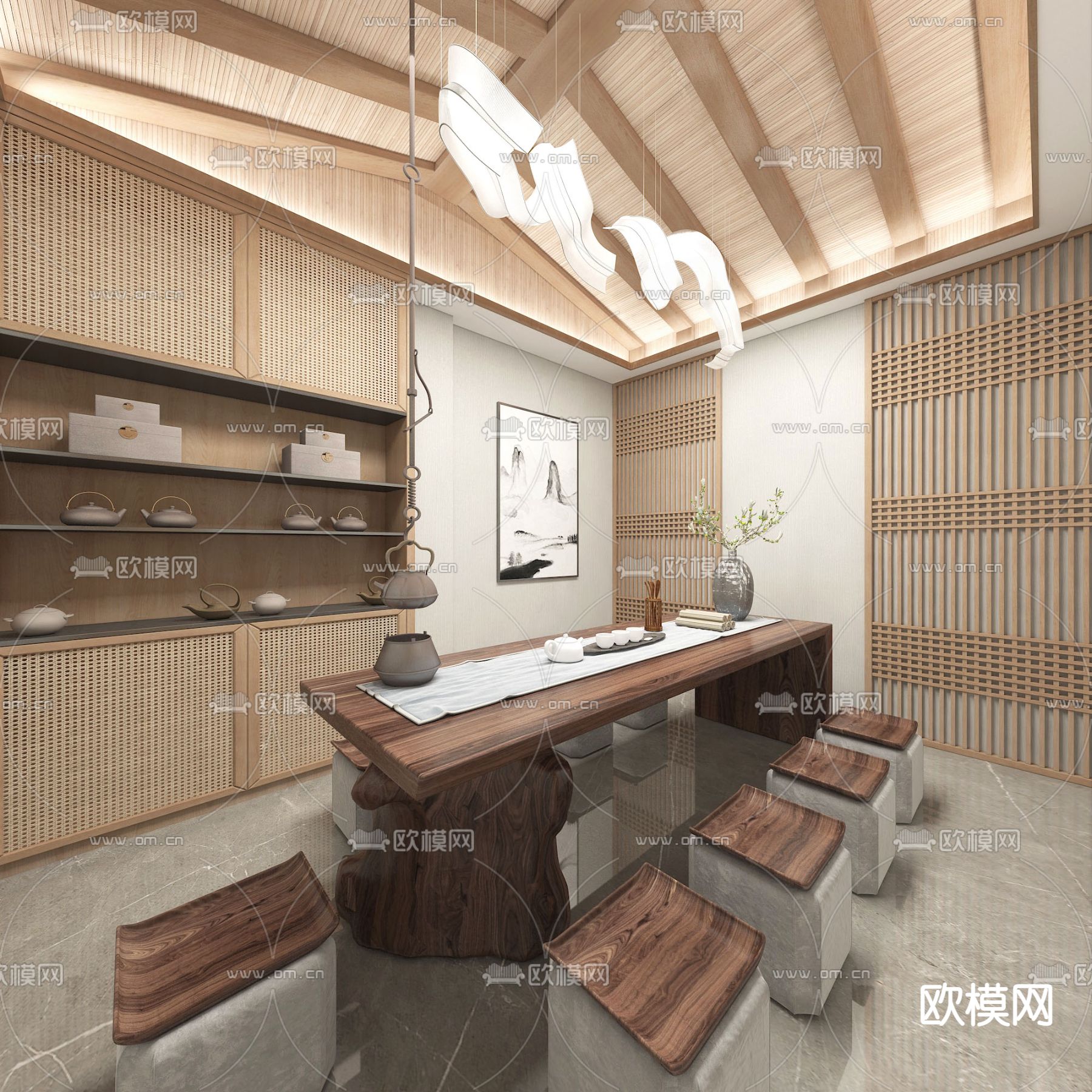 新中式茶馆 茶室免费3d模型下载（渲染图2）