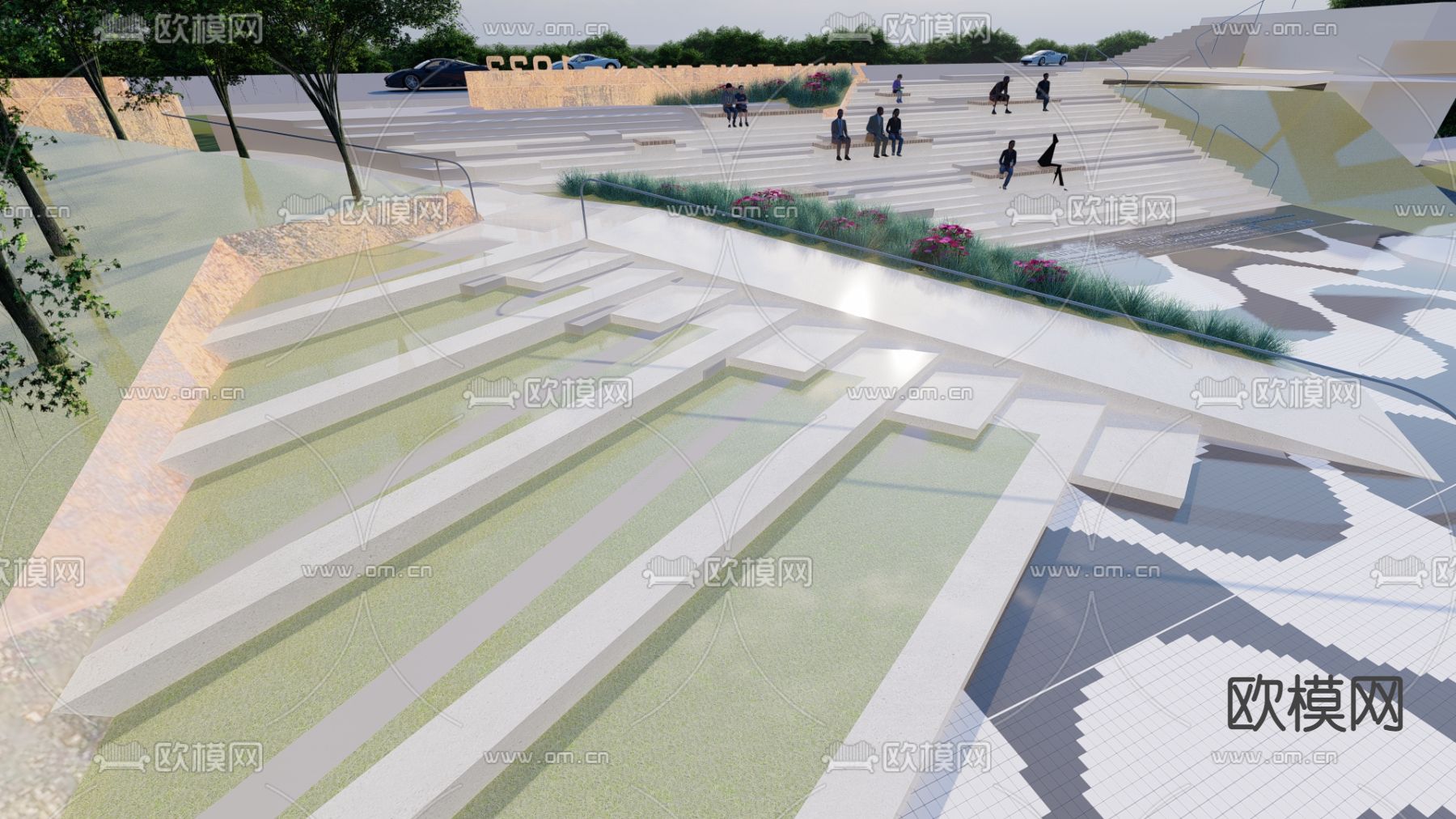 现代高差台阶景观su模型下载（渲染图4）