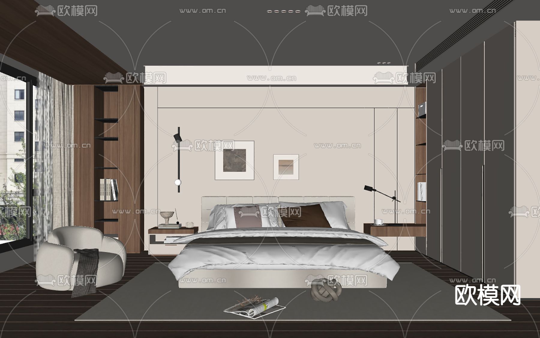 现代卧室 主人房su模型下载（渲染图2）