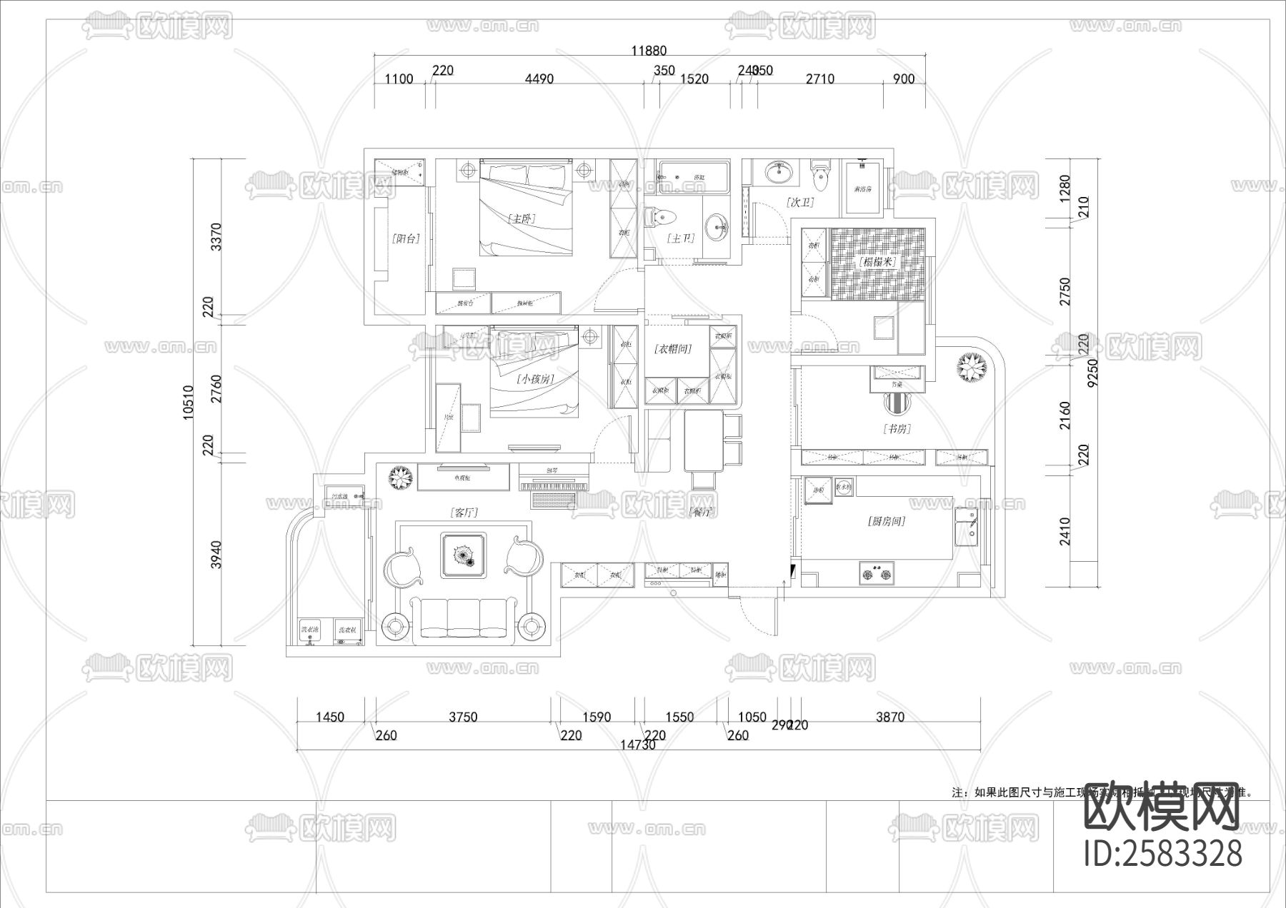 简欧四室两厅两卫装修图cad施工图下载（渲染图2）
