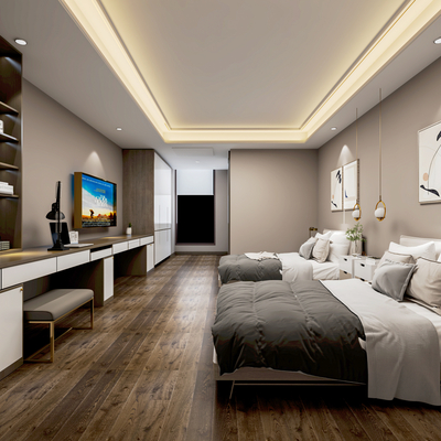  现代酒店双床客房su模型 