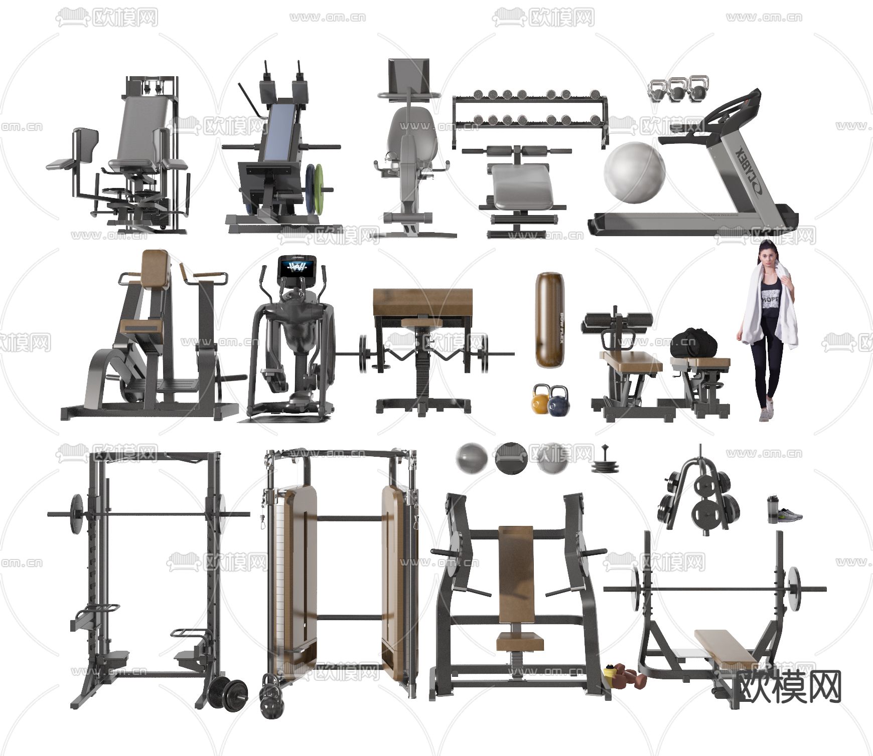 运动器材 跑步机 哑铃瑜伽球3d模型下载