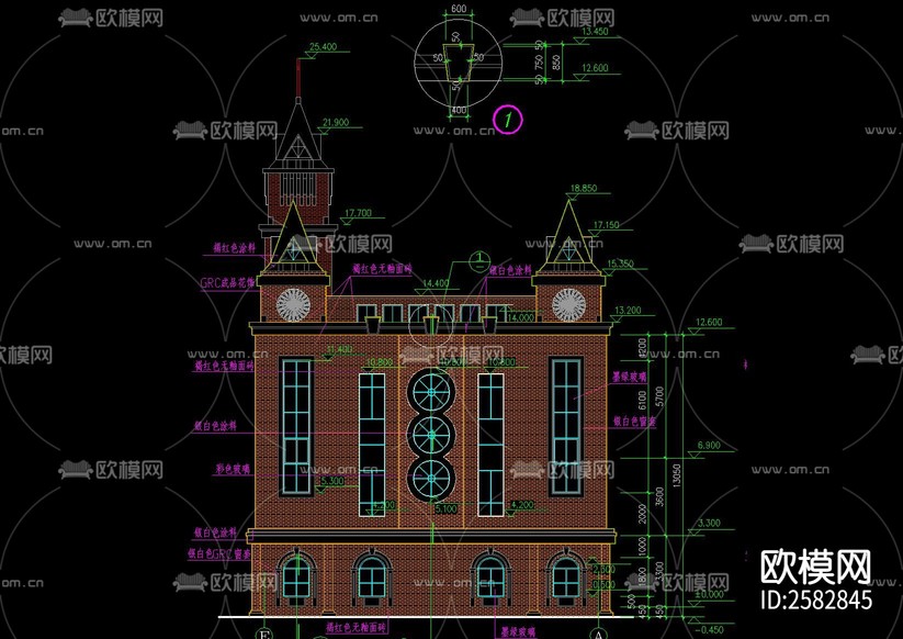 歐式建堂建筑全套cad施工圖下載(渲染圖1)