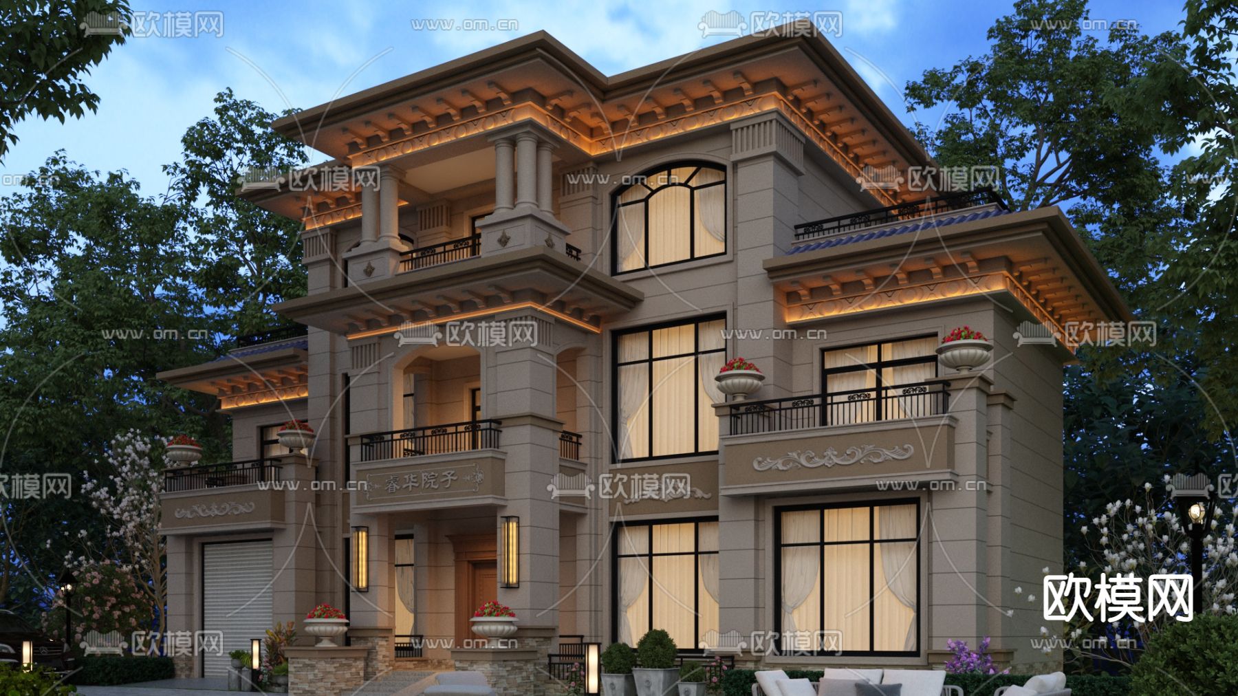 欧式别墅外观 夜景3d模型下载（渲染图2）