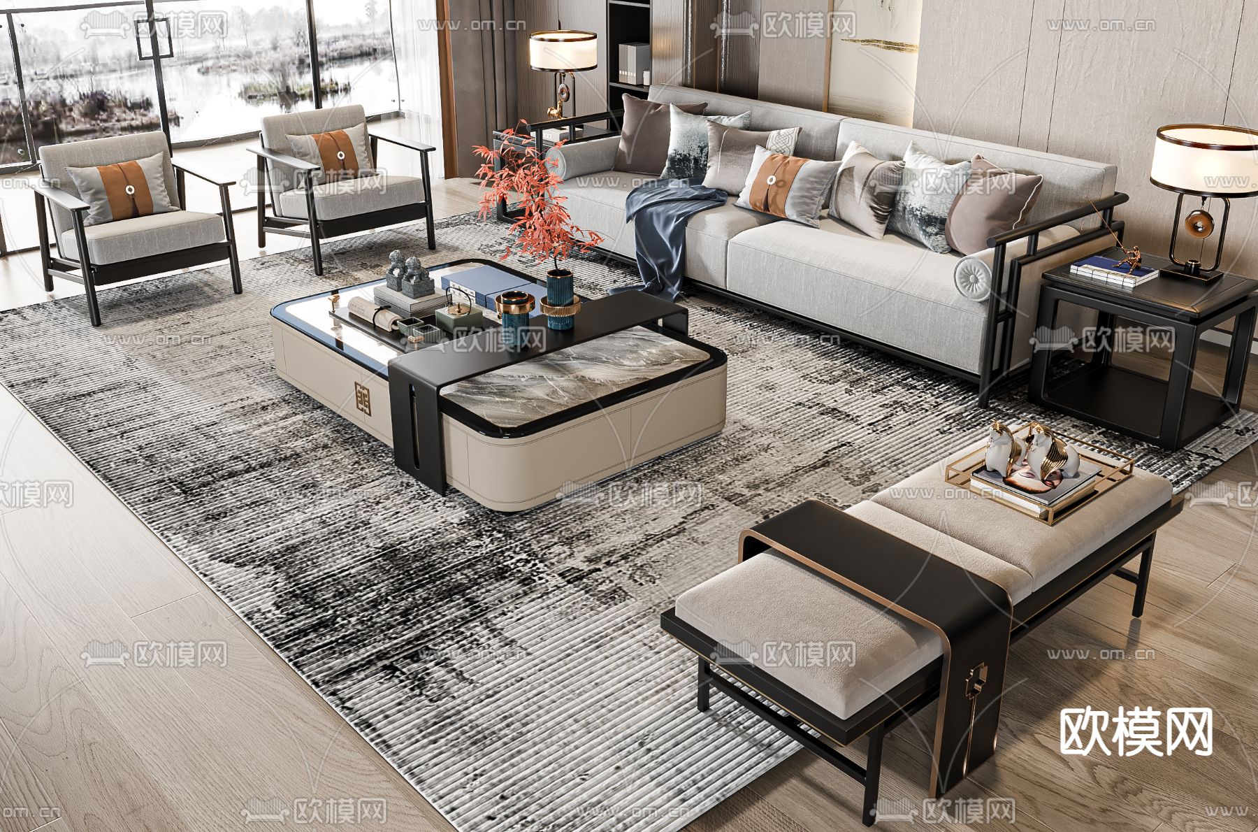 新中式组合沙发3d模型下载（渲染图2）